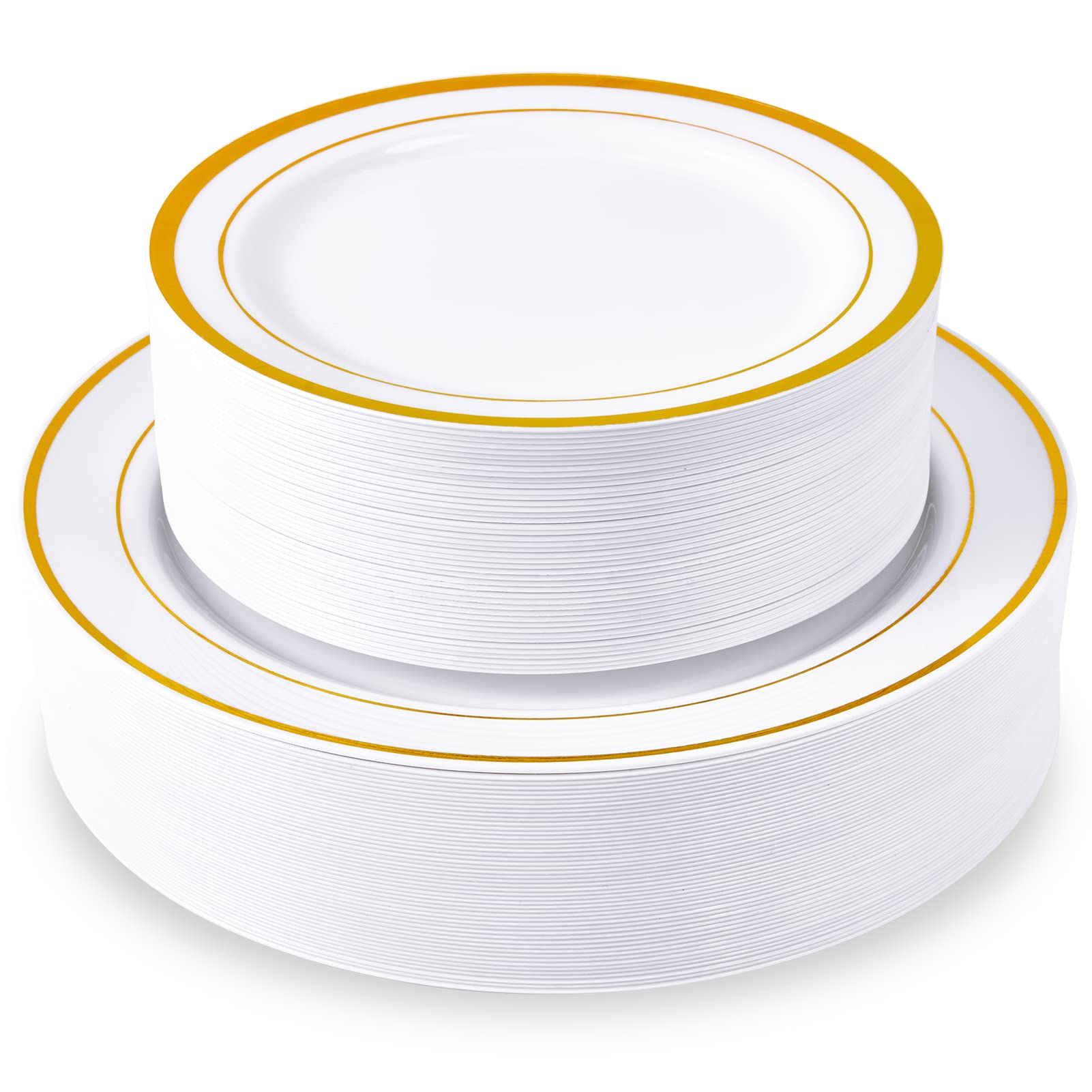 JollyPack 100 Piece Disposable Gold Plastic Party Plates, Including 50 10 Inch Dinner Plates and 50 7 Inch for Dessert, Great for Parties, Weddings