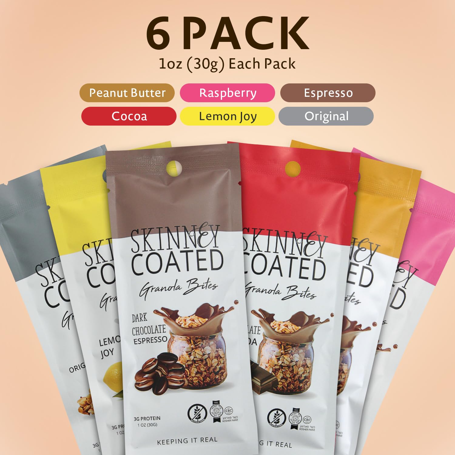 Skinny Coated Dark Chocolate Granola Bites,Variety Pack - Cocoa, Espresso, Lemon Joy, Original, Peanut Butter, Raspberry. 6 bags, Each Bag is 1.2oz