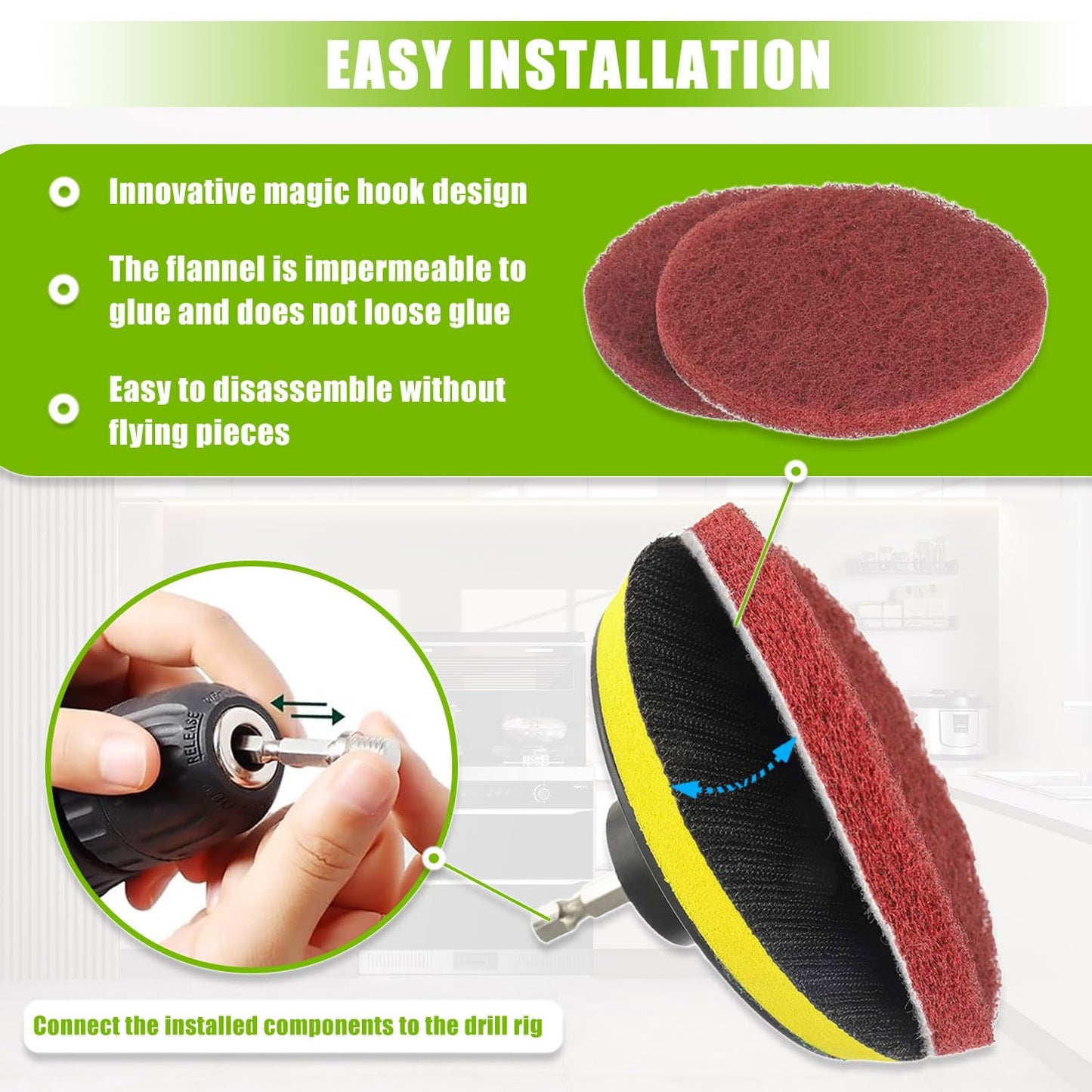 EPLZON 4 Inch Scrub Drill Brush Power Scouring Pads Household Cleaning Set for Kitchen Bathroom 4 Red Pads 4 Green Pads 1 Drill Attachment and 1