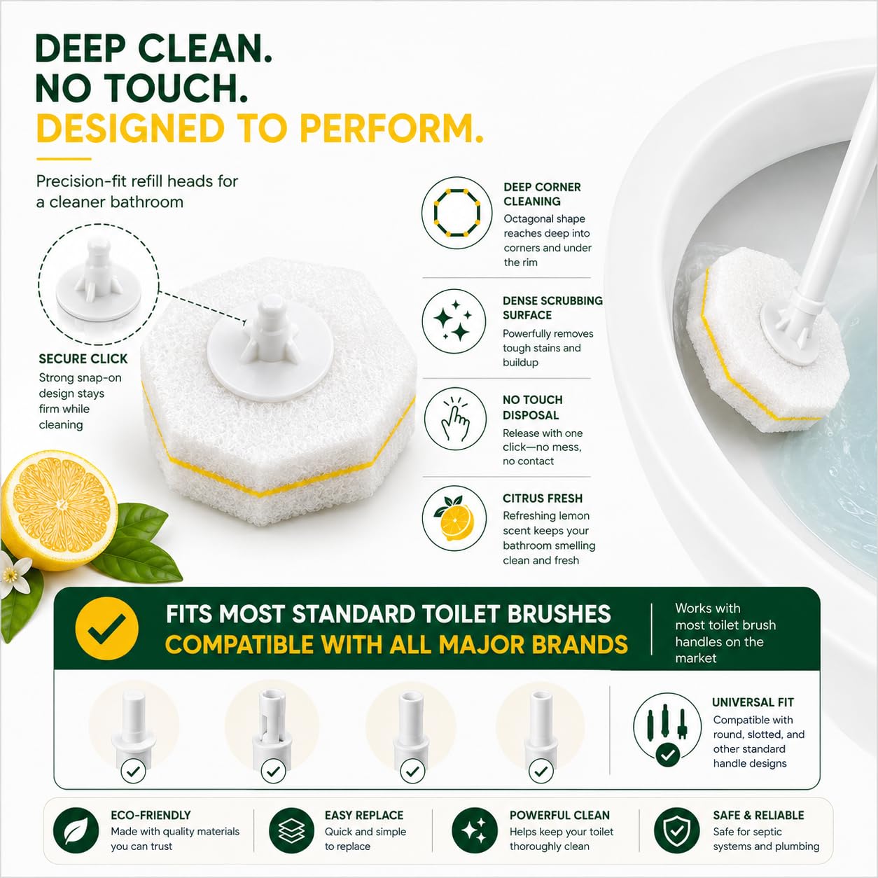 Qesea Toilet Wand Refills 60 Count Lemon Scent - Disposable Toilet Bowl Cleaner Brush Heads with Fresh Citrus Fragrance, Fits Most Standard Toilet