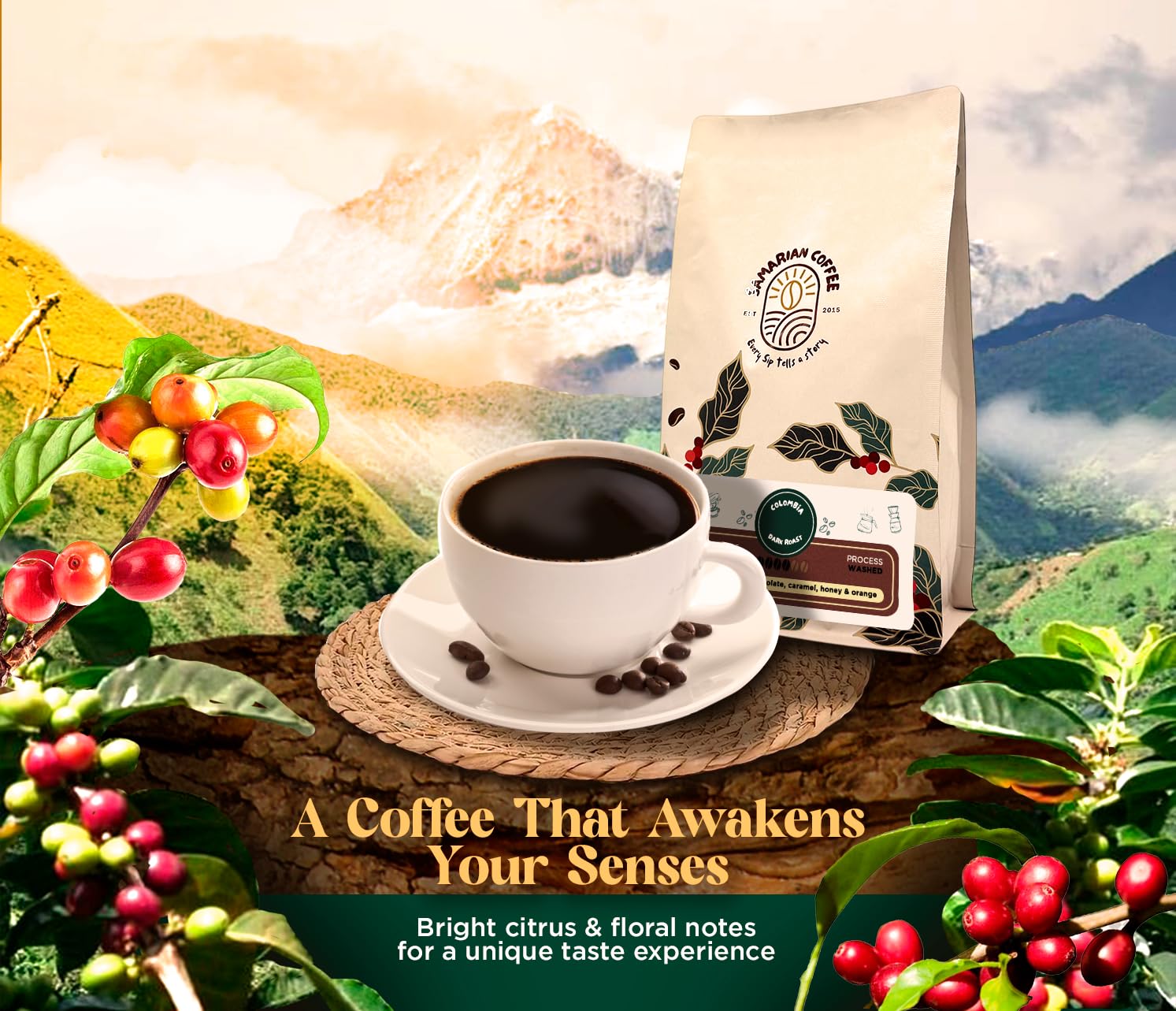 Samarian Coffee Medium Roast - Colombian Single-Origin Arabica - Specialty Ground Coffee with Citrus & Floral Notes - Smooth & Aromatic - For Pour