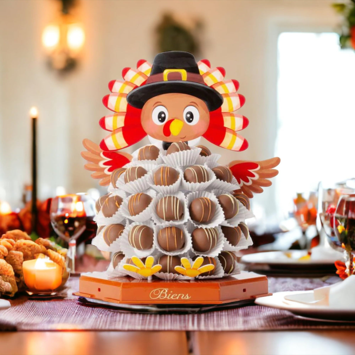 Biens Chocolate Centerpieces, Thanksgiving Box, Toby the Bien Turkey Tower, 50 Piece Hand Decorated Chocolates with Serving Platter, Ready to Serve