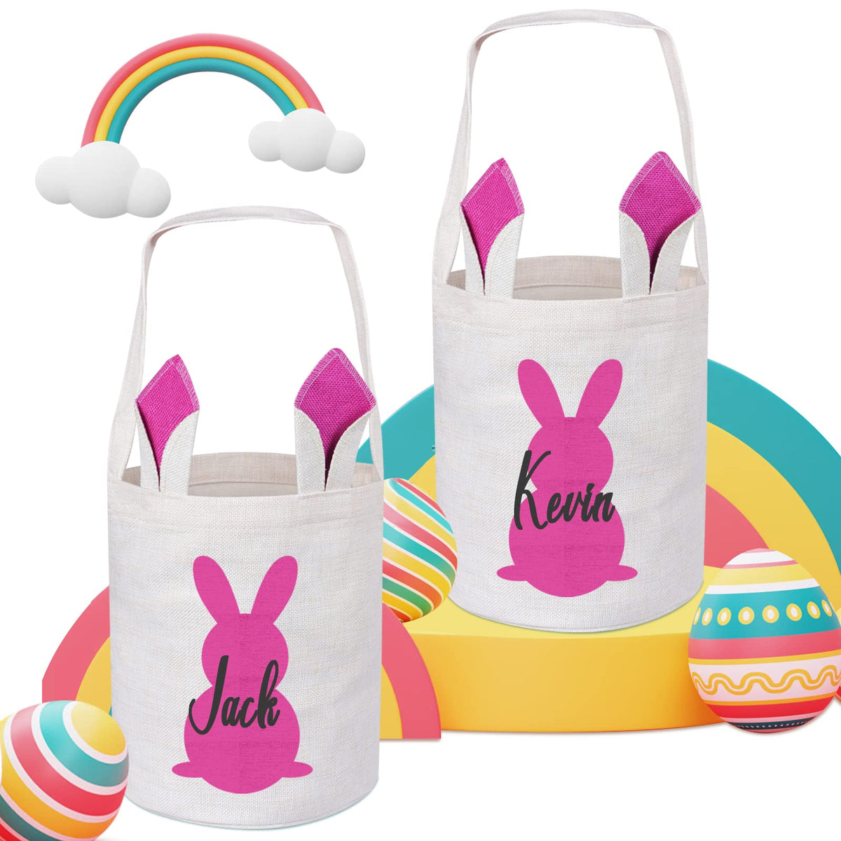 2 Pcs Touber Personalized Easter Basket, Easter Bunny Basket with Ears Easter Baskets for Girls Boys Easter Eggs Hunt Baskets for Kids Personalized