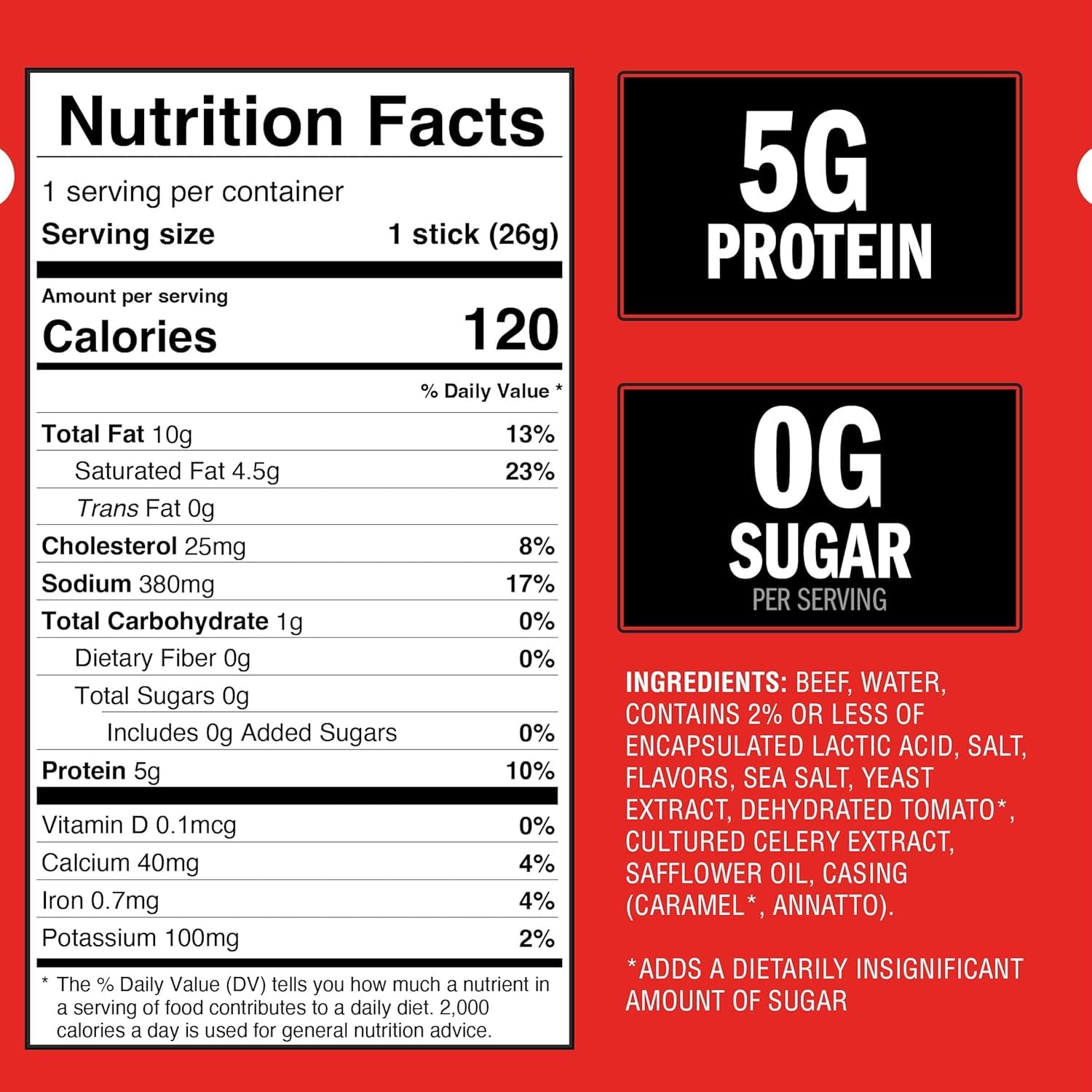 Jack Link's Original Zero Sugar Beef Sticks - (20 Pack) 0.92 oz Meat Sticks - Ready to Eat Protein Snacks - 5g Protein per Serving - Made with 100%