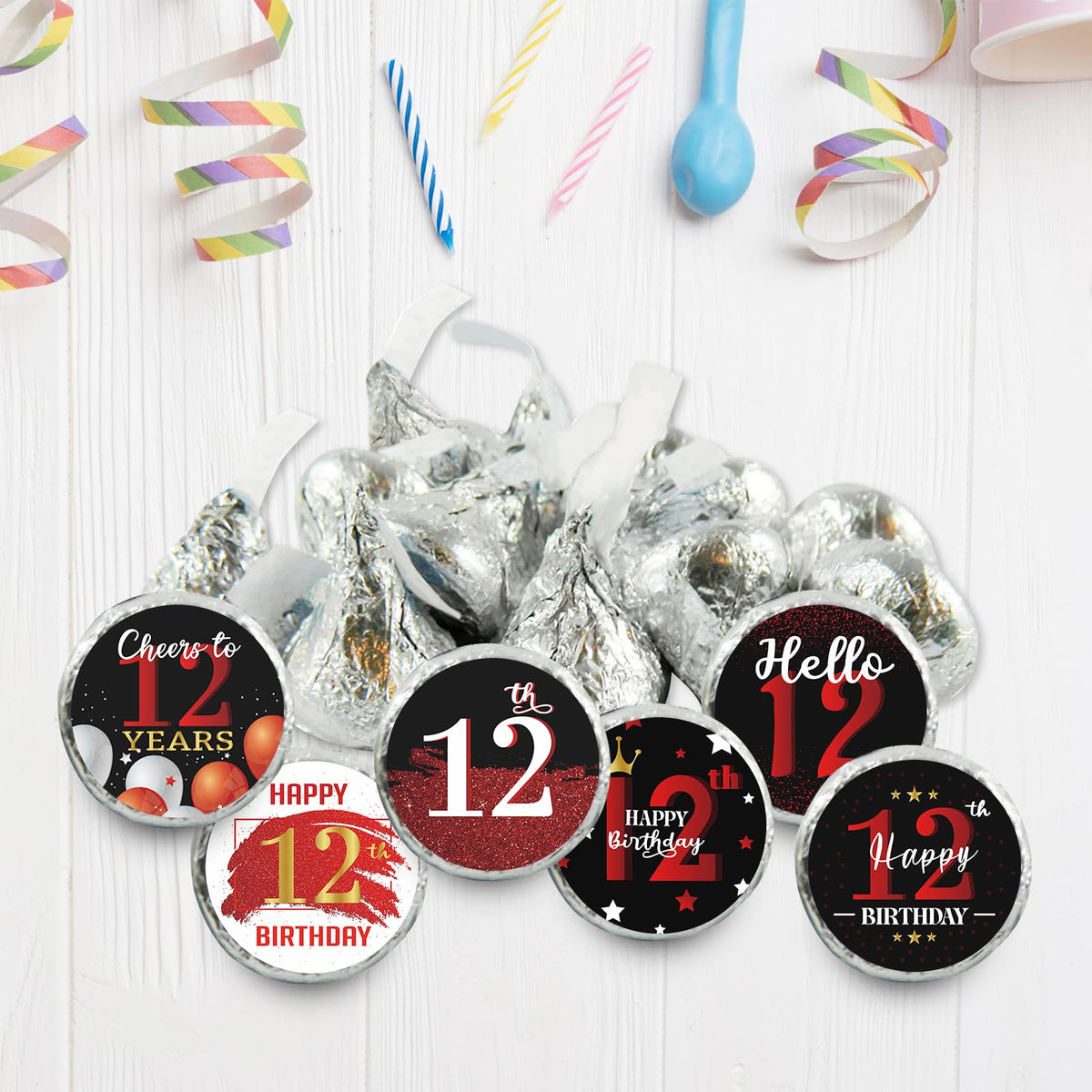 Happy 12th Birthday Party Favor Labels Chocolate Kisses Candy Stickers - Twelve Yrars Old Birthday Round Candy Sticker Party Favors - Black and Red