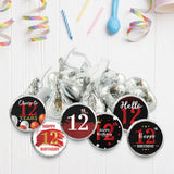 Happy 12th Birthday Party Favor Labels Chocolate Kisses Candy Stickers - Twelve Yrars Old Birthday Round Candy Sticker Party Favors - Black and Red
