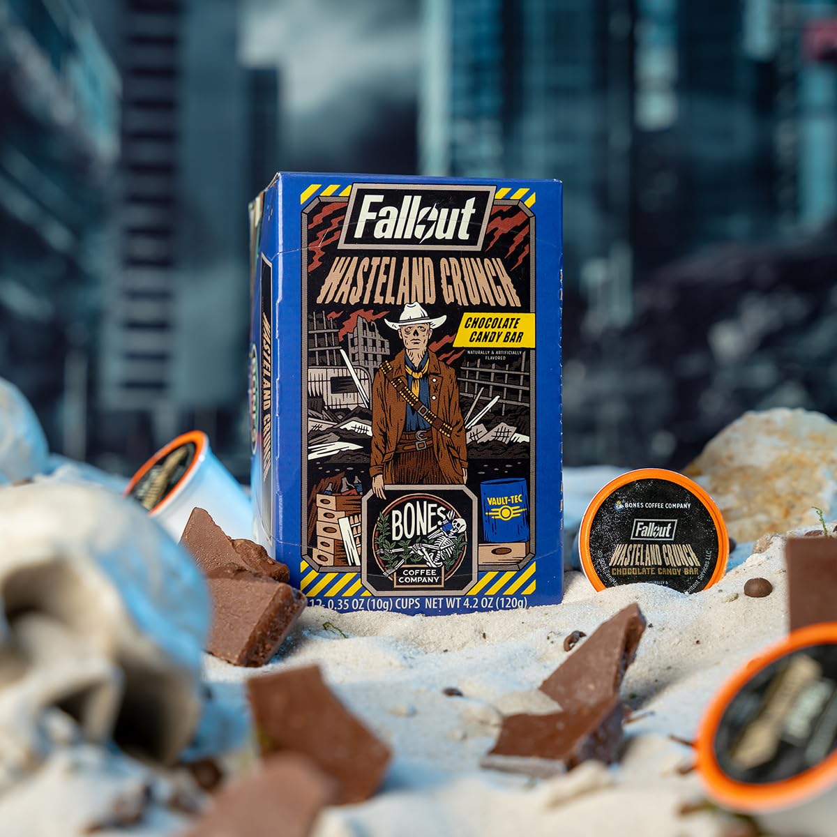 Bones Coffee Company Fallout Wasteland Crunch, Chocolate Candy Bar Flavored Coffee Pods, Low Acid Medium Roast Single-Serve Bones Cups, Compatible