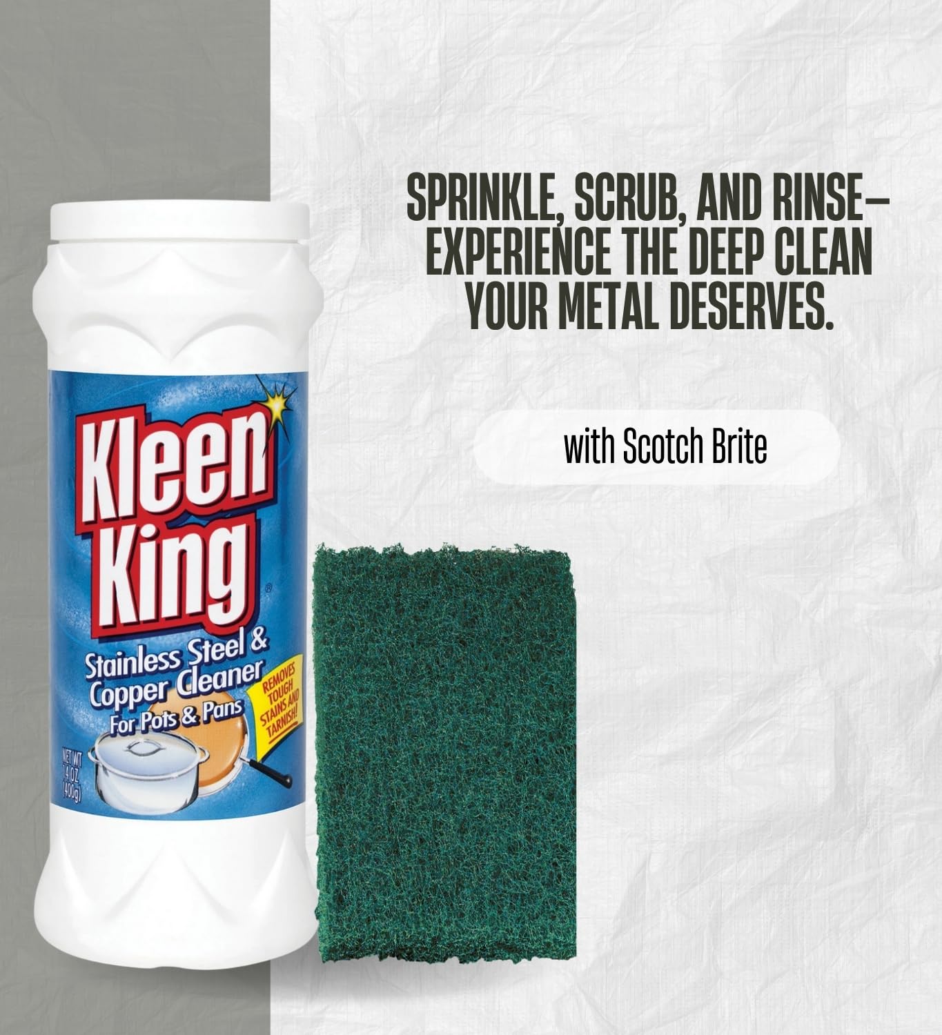 Kleen King Fresh Clean Scent Metal Cleaner 14 oz Powder Bundle with Scouring Pad - Cleans and Restores Stainless Steel, Cookware, and Metal Surfaces