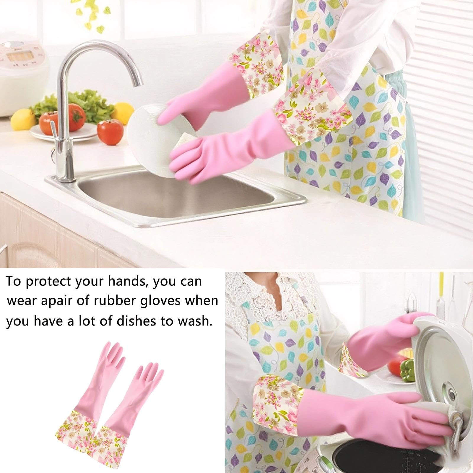 KINGFINGER Rubber Waterproof Dishwashing Gloves for Kitchen, Latex-Free Precision Flocking Household Cleaning Gloves (2 Pair, Large)