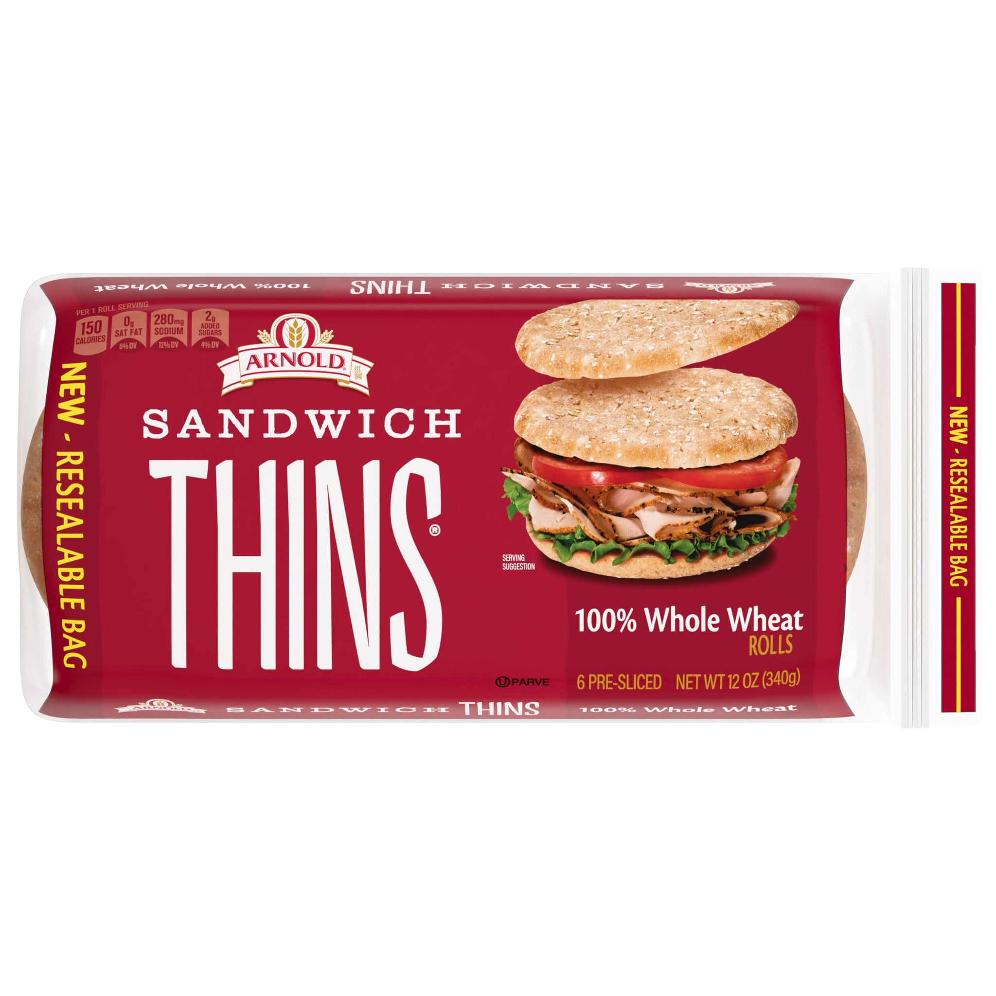 Arnold 100% Whole Wheat Sandwich Thins Rolls, Sandwich Rounds Free From Artificial Colors, Flavors and Preservatives, 6 Sandwich Rolls