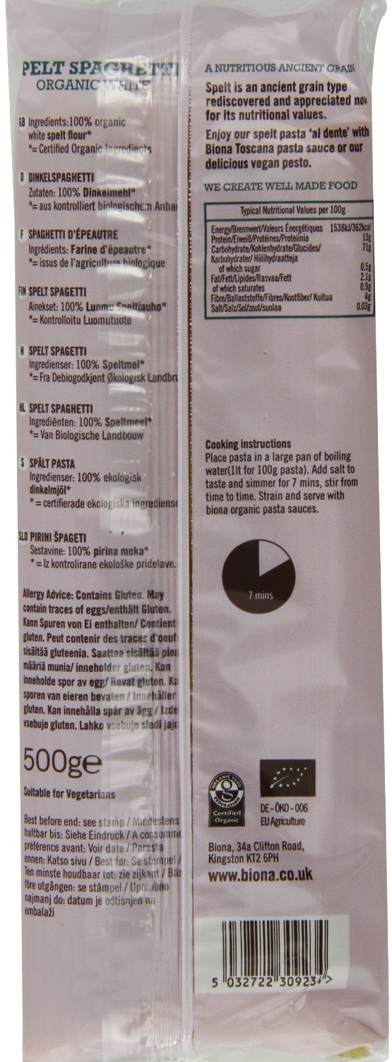 Biona Organic Spelt Spaghetti White 500g - Pack of 2