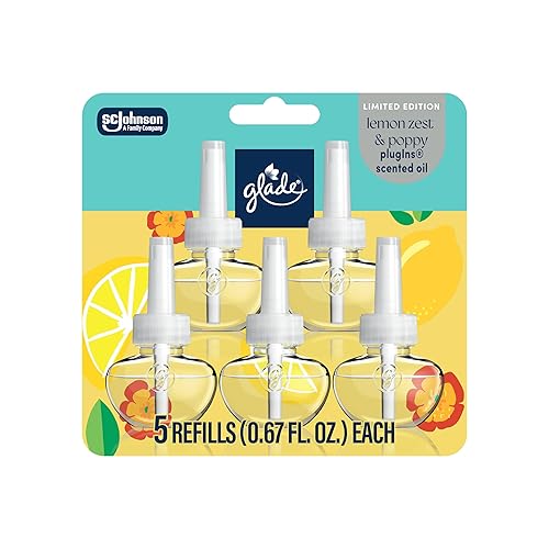 Glade PlugIns Refills Air Freshener, Lemon Zest & Poppy, Scented and Essential Oils for Home and Bathroom, 0.67 Fl Oz, 5 Count