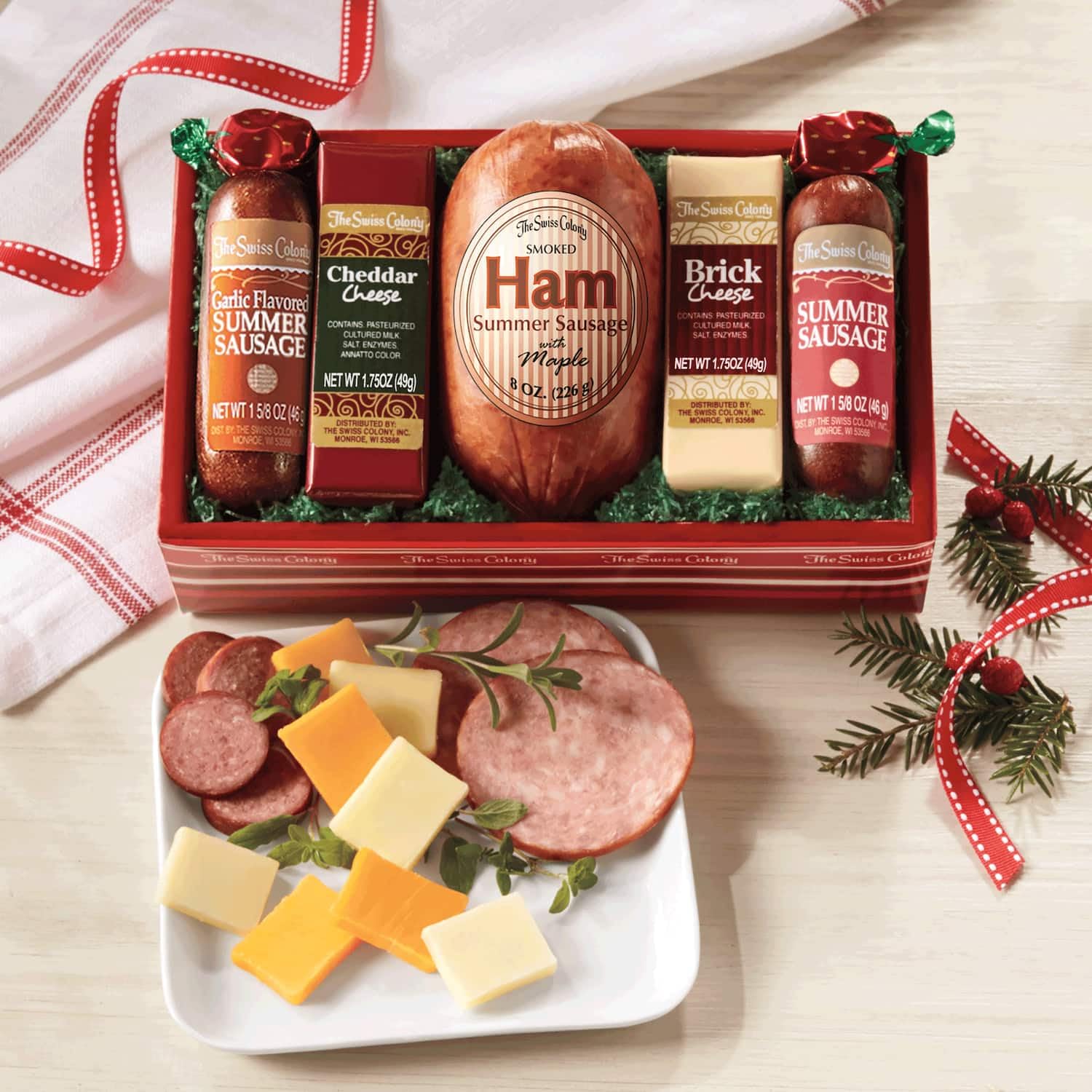 The Swiss Colony High 5 Food Bundle - Assorted Summer Sausages and Cheeses with Christmas Petits Fours - Assorted Chocolate and Mini Layer Cakes