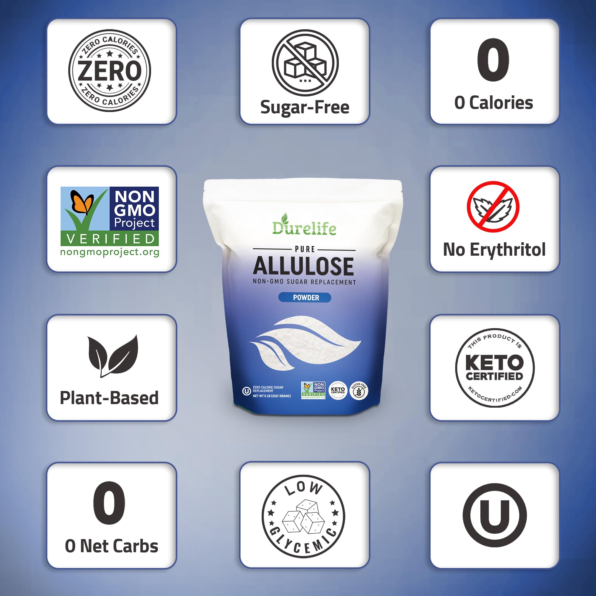 Durelife Allulose sweetener, 5 lb 100% Pure No Erythritol powdered Sugar Substitute, NON-GMO Project Verified, Keto Certified, OU kosher, No Fillers, Zero Calories sugar alternative 5 Lbs