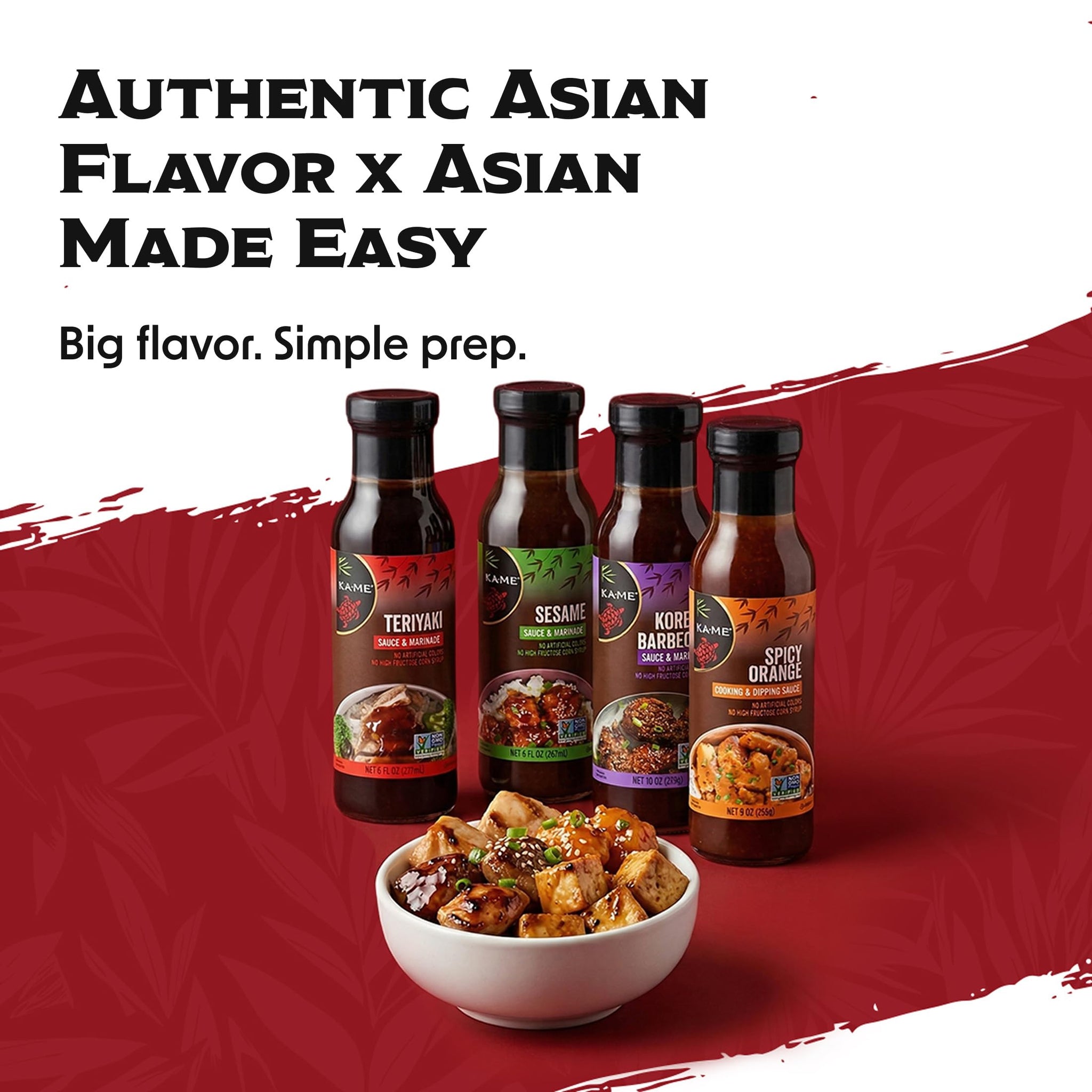 KA-ME Authentic Asian Marinade Sauce Variety Pack - Teriyaki, Sesame, Korean Barbecue, Spicy Orange - Asian BBQ & Grilling Sauce Bundle - Non-GMO