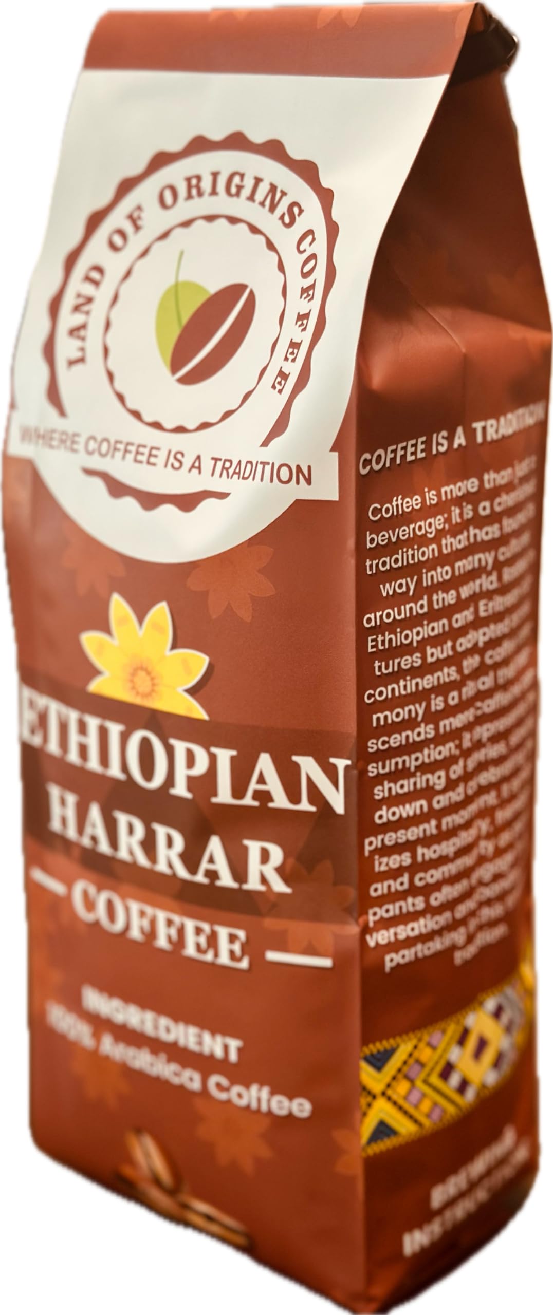 Land of Origins Coffee LLC Ethiopian Harrar Coffee, Medium Roast GROUND Coffee - 12 oz (Pack of 1)