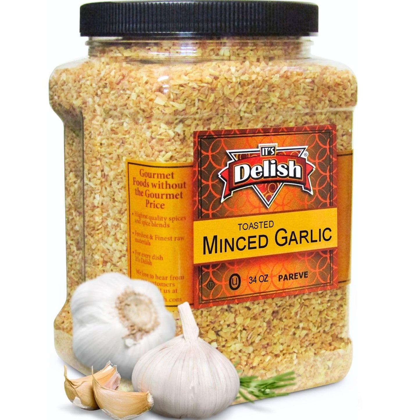 Gourmet Toasted Dried Minced Garlic by Its Delish, 2.1 LBS (34 Oz) Jumbo Container Jar - Dry Roasted Garlic Flakes - All Natural Peeled Chopped Garlic