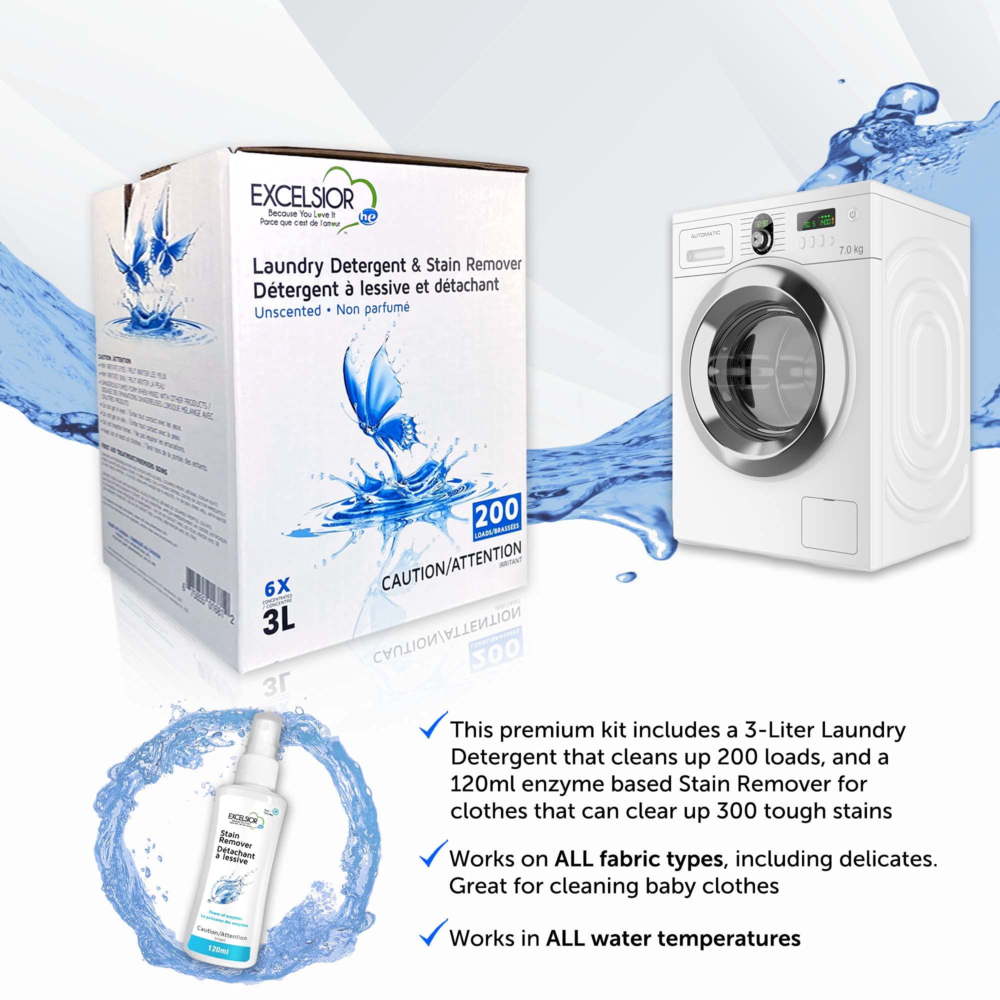 Excelsior HE Laundry Detergent Liquid Fragrance Free Concentrated 200 Loads 3 Liter With Natural Stain Remover, High Efficiency Washing Detergent