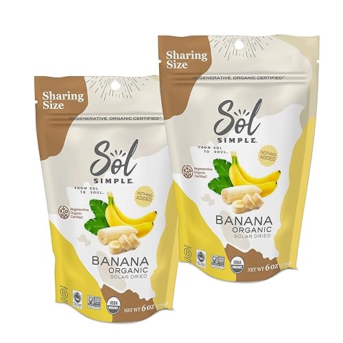SOL SIMPLE Regenerative Organic Certified, Dried Banana | 6oz Snack Pack (2 Bags Total) | One Ingredient | Vegan | Non-GMO | No Added Sugar | Fair