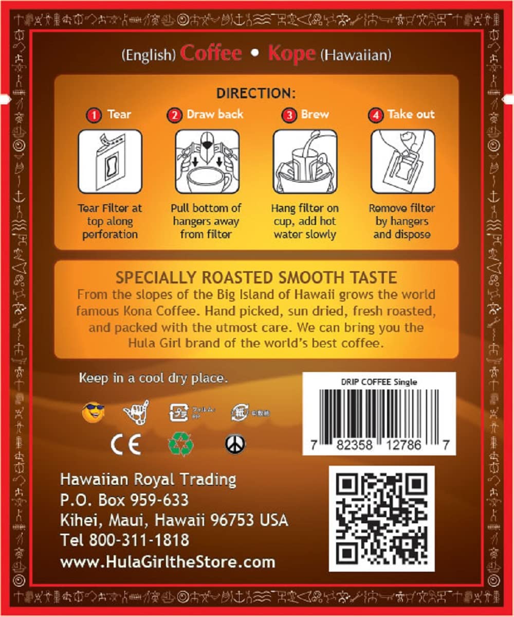Hula Girl 100% Kona Drip Coffee Single Serve Pour Over, Box of 5 Sachets, Net Wt: 1.41oz (40g)