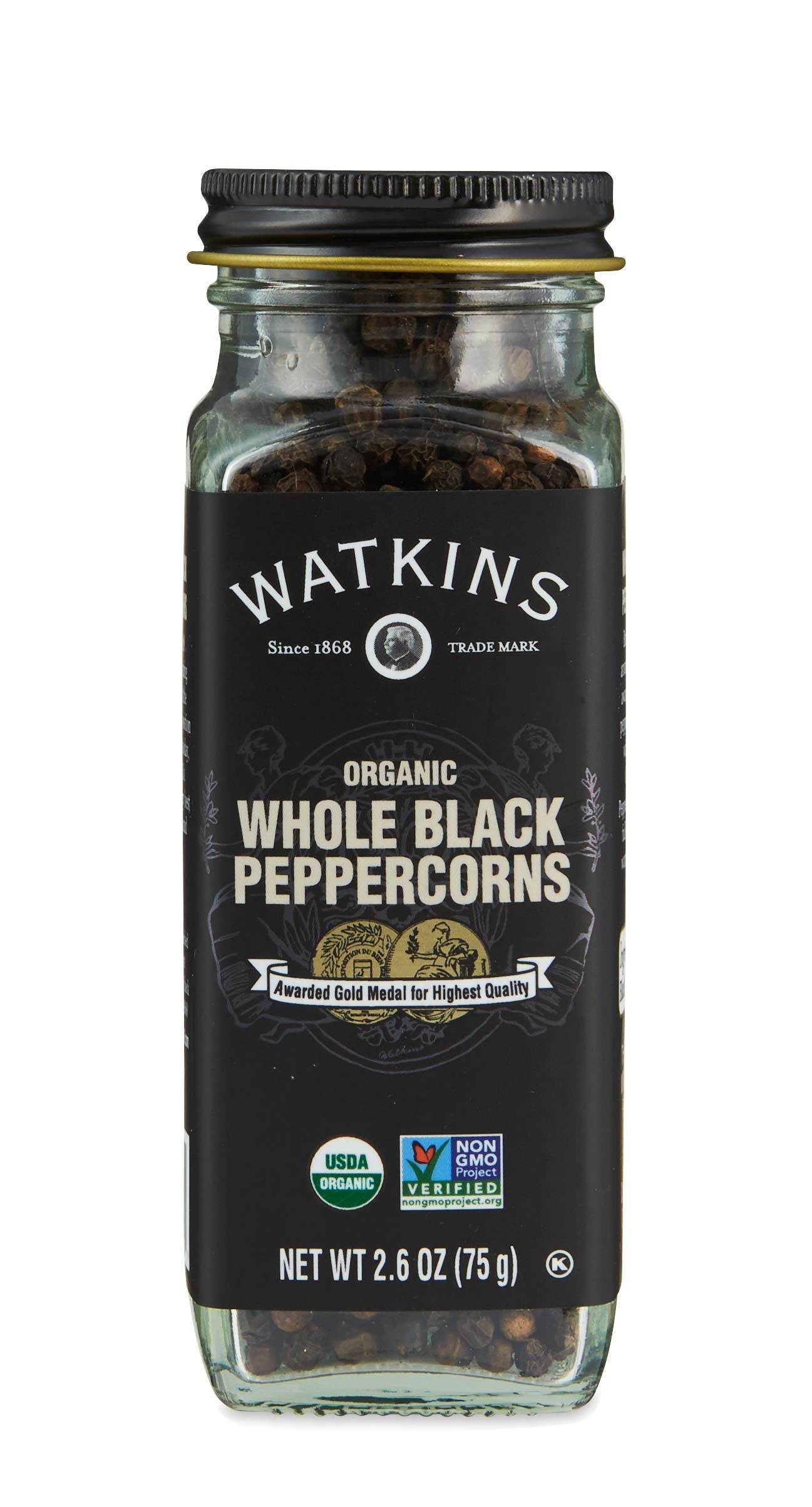 Watkins Gourmet Organic Spice Jar, Whole Black Peppercorns, Non-GMO, Kosher, 2.6 oz. Bottle, 1-Pack