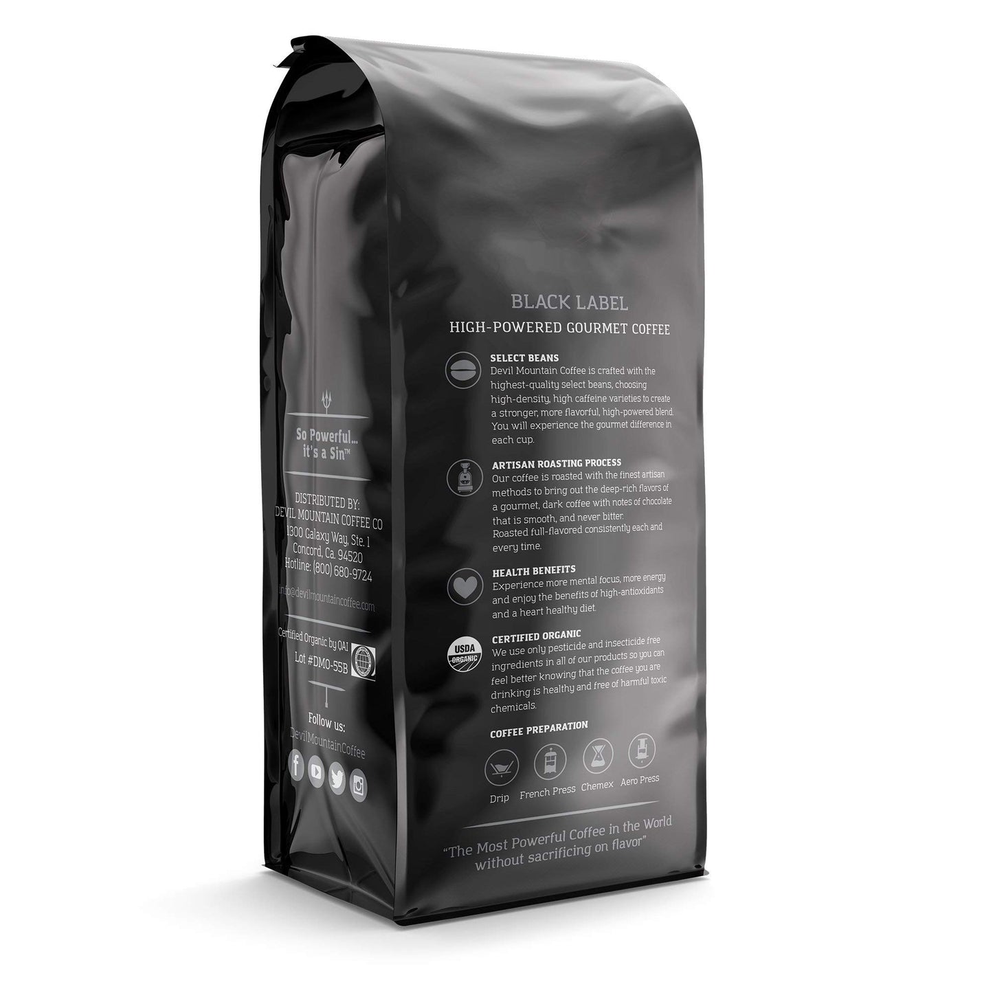 Devil Mountain Coffee Black Label Dark Roast Ground Coffee, Strong High Caffeine Coffee Grounds, USDA Organic, Fair Trade, Gourmet Artisan Roasted