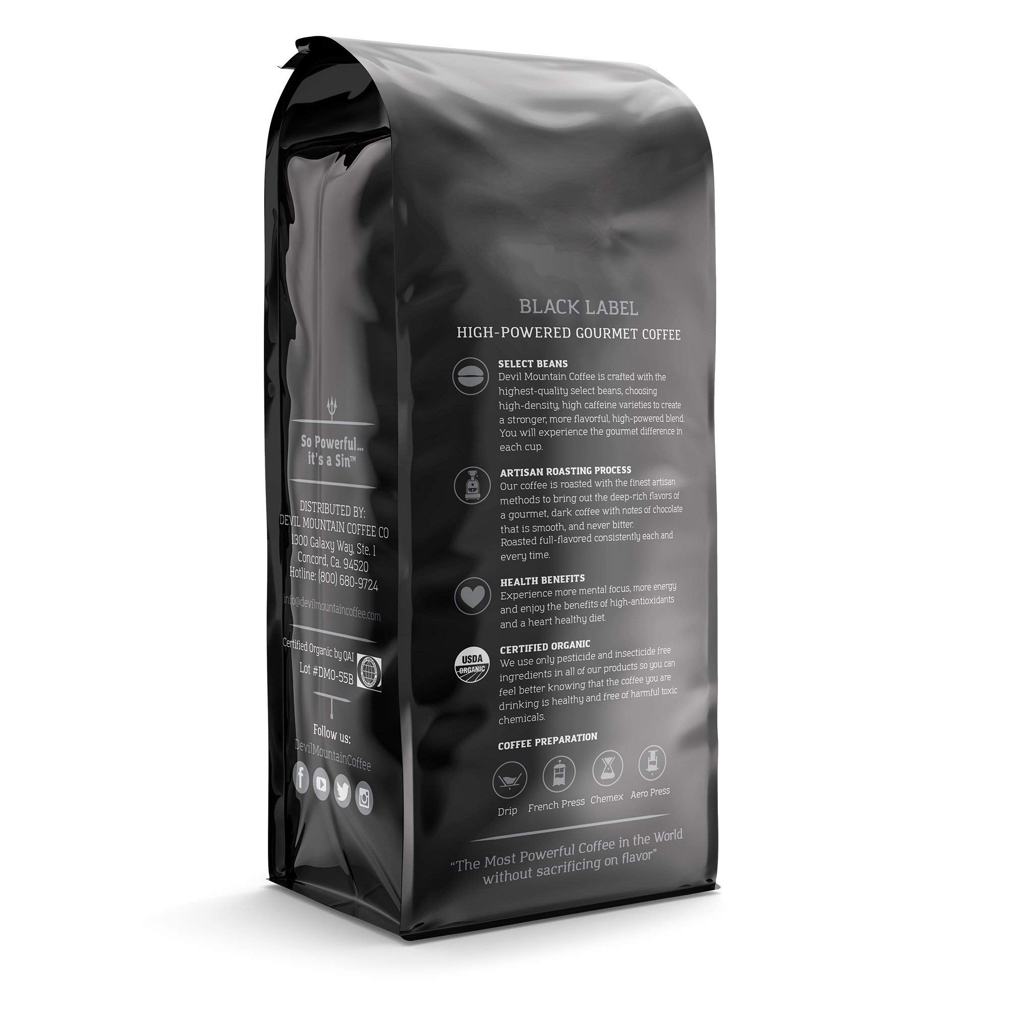 Devil Mountain Coffee Black Label Dark Roast Ground Coffee, Strong High Caffeine Coffee Grounds, USDA Organic, Fair Trade, Gourmet Artisan Roasted