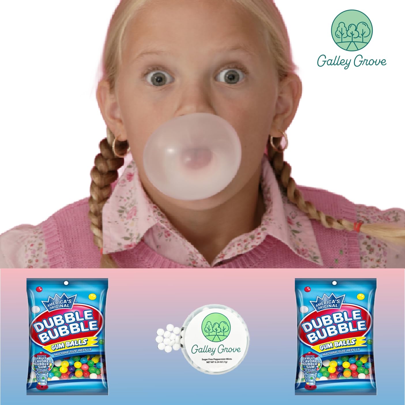 Dubble Bubble Mini Gumball Machine Refills 4.4 oz Bag (2-Pack), 1/2 inch 13mm Assorted Fruit Flavor Bubble Gum, With Galley Grove Sugar-Free Breath