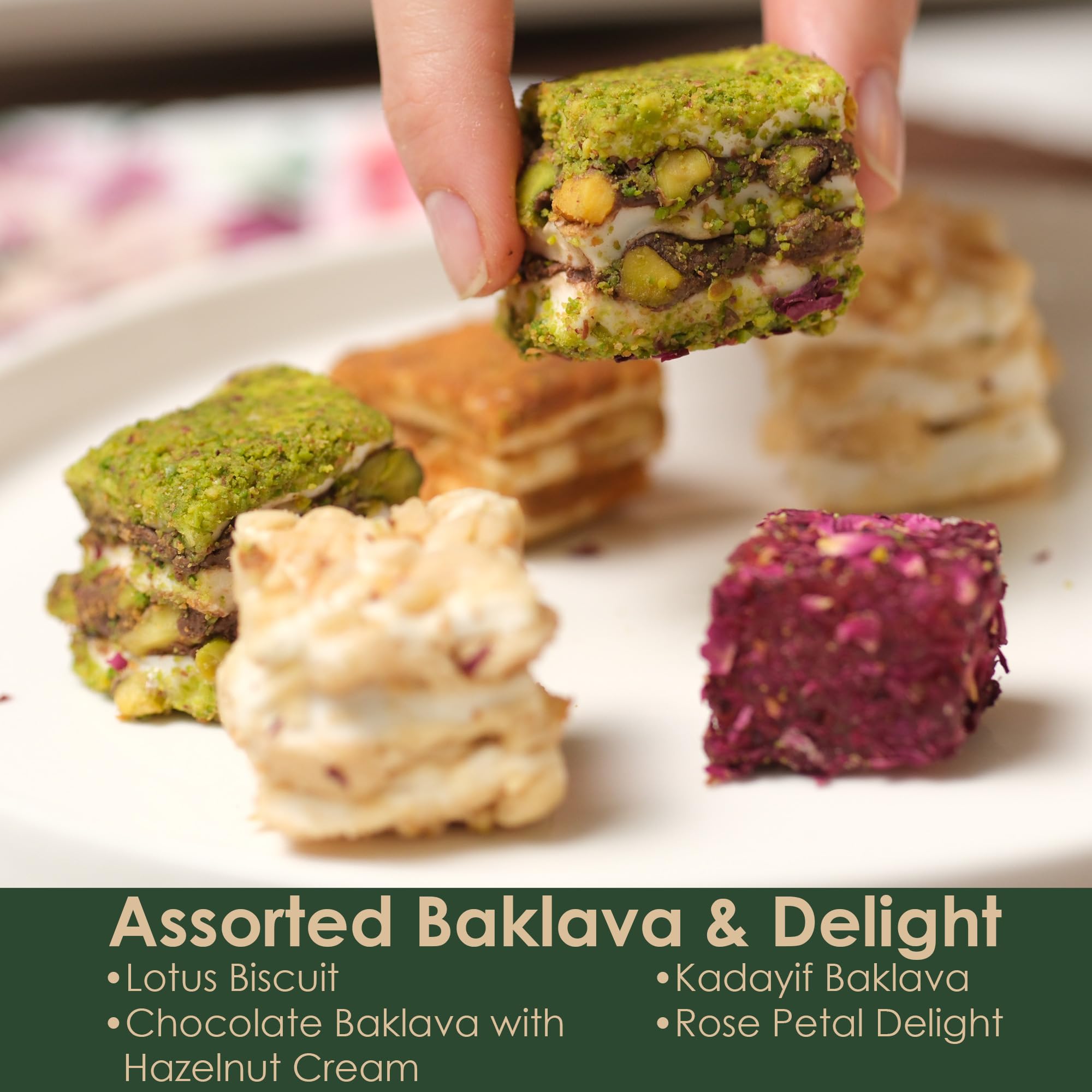Baklava Style Turkish Delight Assortment - Lotus, Chocolate, Hazelnut Cream, Kadaif and Rose Petal Lokum Candy, Gourmet Turkish Sweets Gift Box