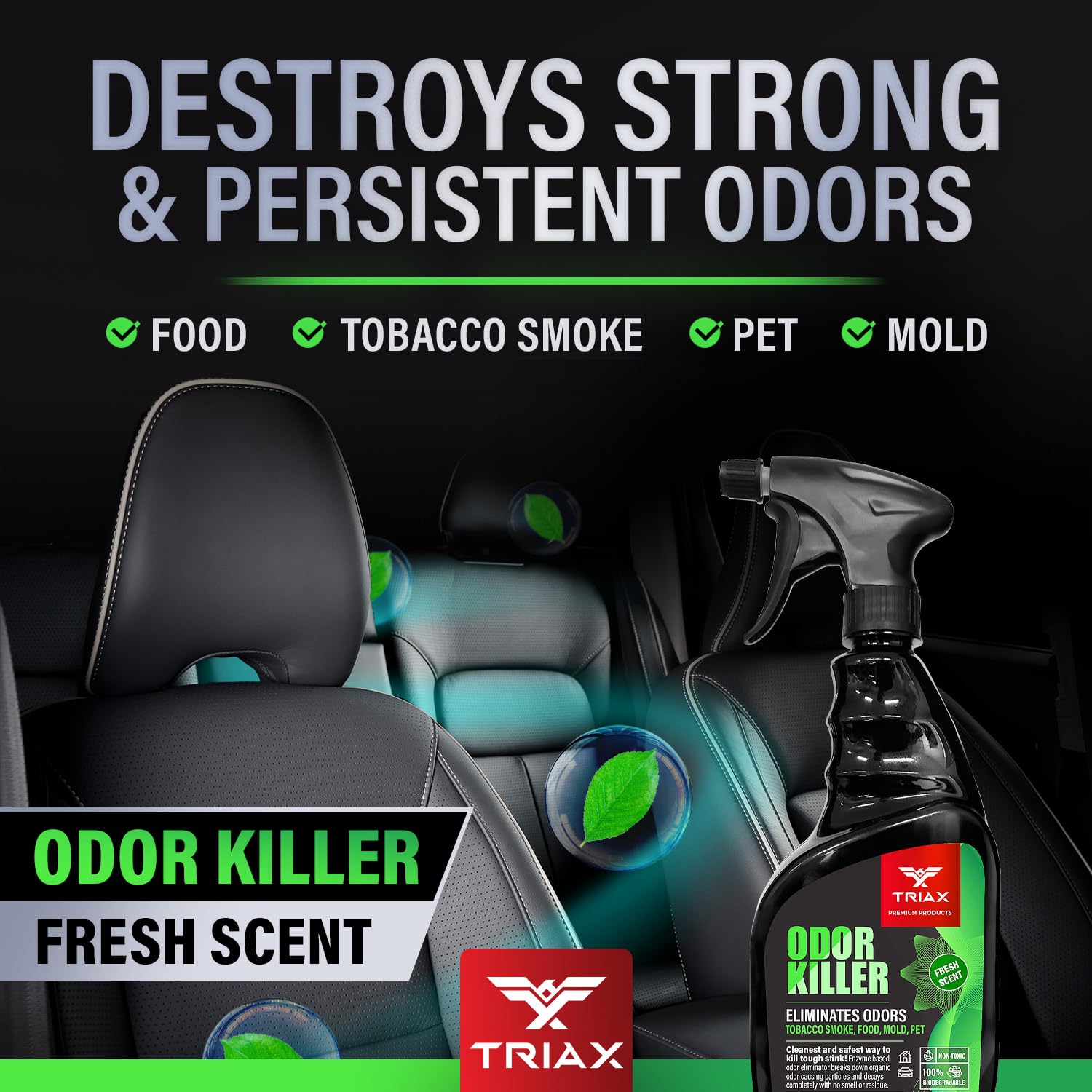 TRIAX Odor Killer - Advanced Odor Control - Ready to Use, Fresh Scent, Multi-Purpose - Non-Toxic and 100% Biodegradable - For Carpets, Fabrics, Hard