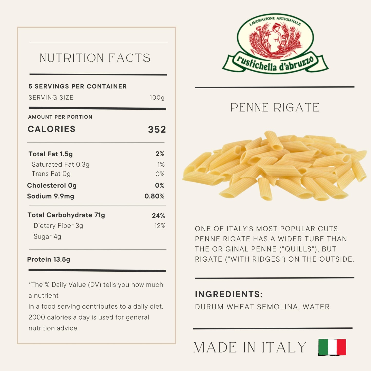 Rustichella d'Abruzzo Penne Rigate Pasta - 500g Classic Durum Wheat Short Pasta with Ridges - Ideal for Sauces - Cooks in 10-12 Minutes - Authentic