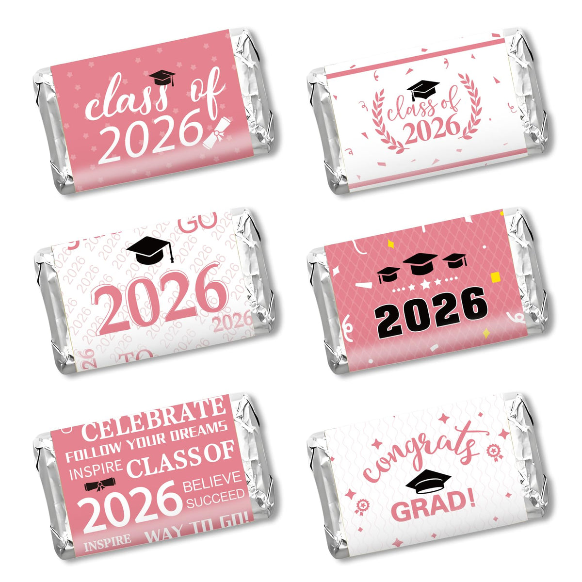Graduation Party Decorations 2025 Graduation Label Stickers, 120PCS Congrats Grad Mini Pink White Candy Wrapper Class Of 2025 Chocolate Bar Stickers
