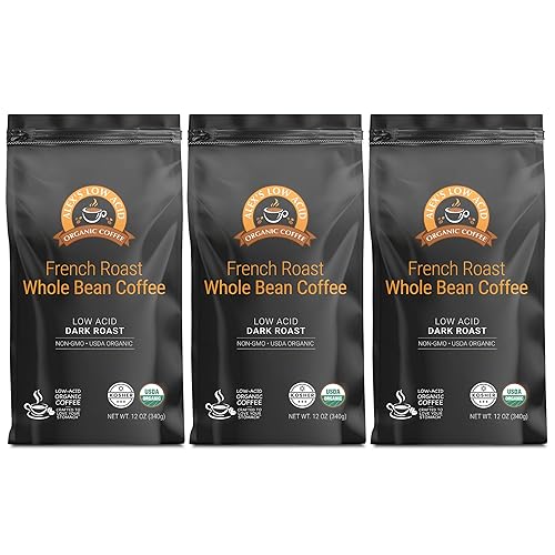 Alex's Low Acid Organic Coffee 12oz Bag (Pack of 3) (Whole Bean French Roast)