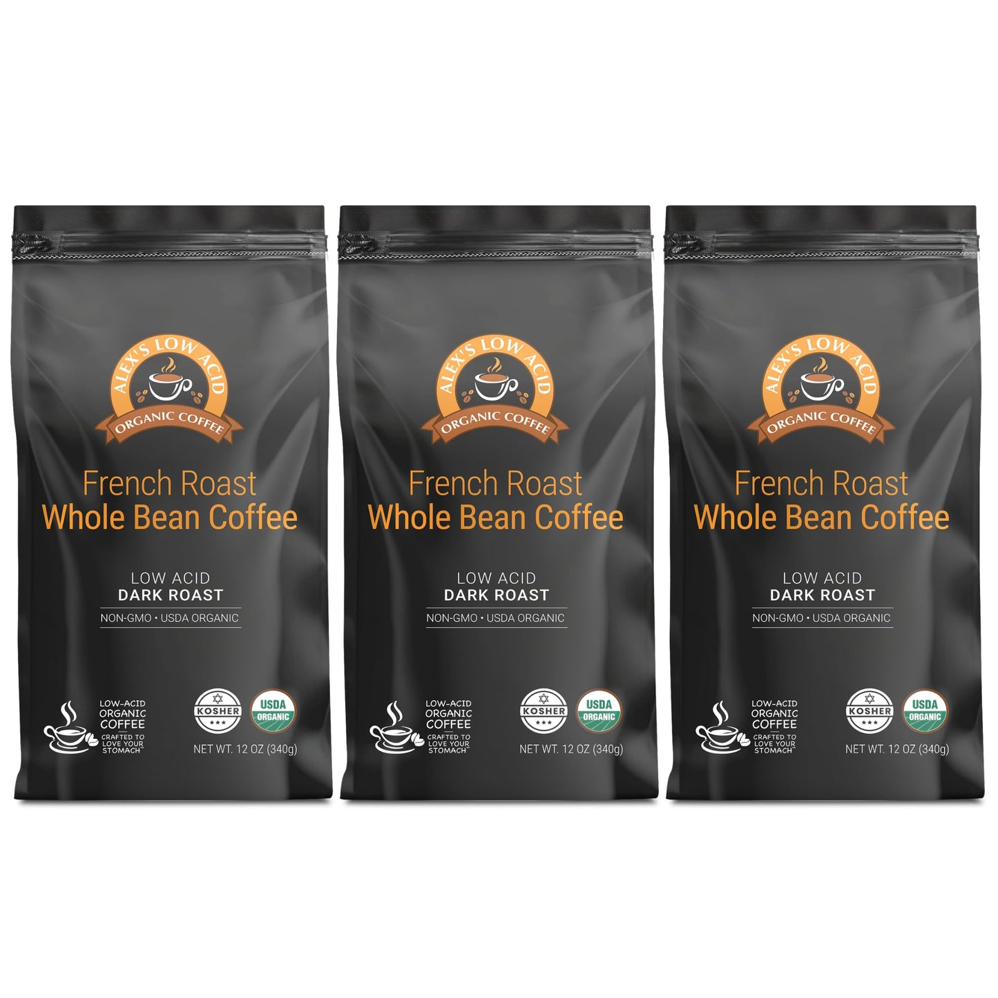 Alex's Low Acid Organic Coffee 12oz Bag (Pack of 3) (Whole Bean French Roast)