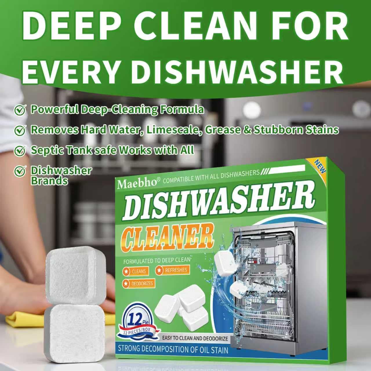 Dishwasher Cleaner and Deodorizer Tablets-12 Pack, Heavy Duty Deep Cleaning Descaler Pods for Dish Washer Machine, Removes Limescale, Odor, Grease