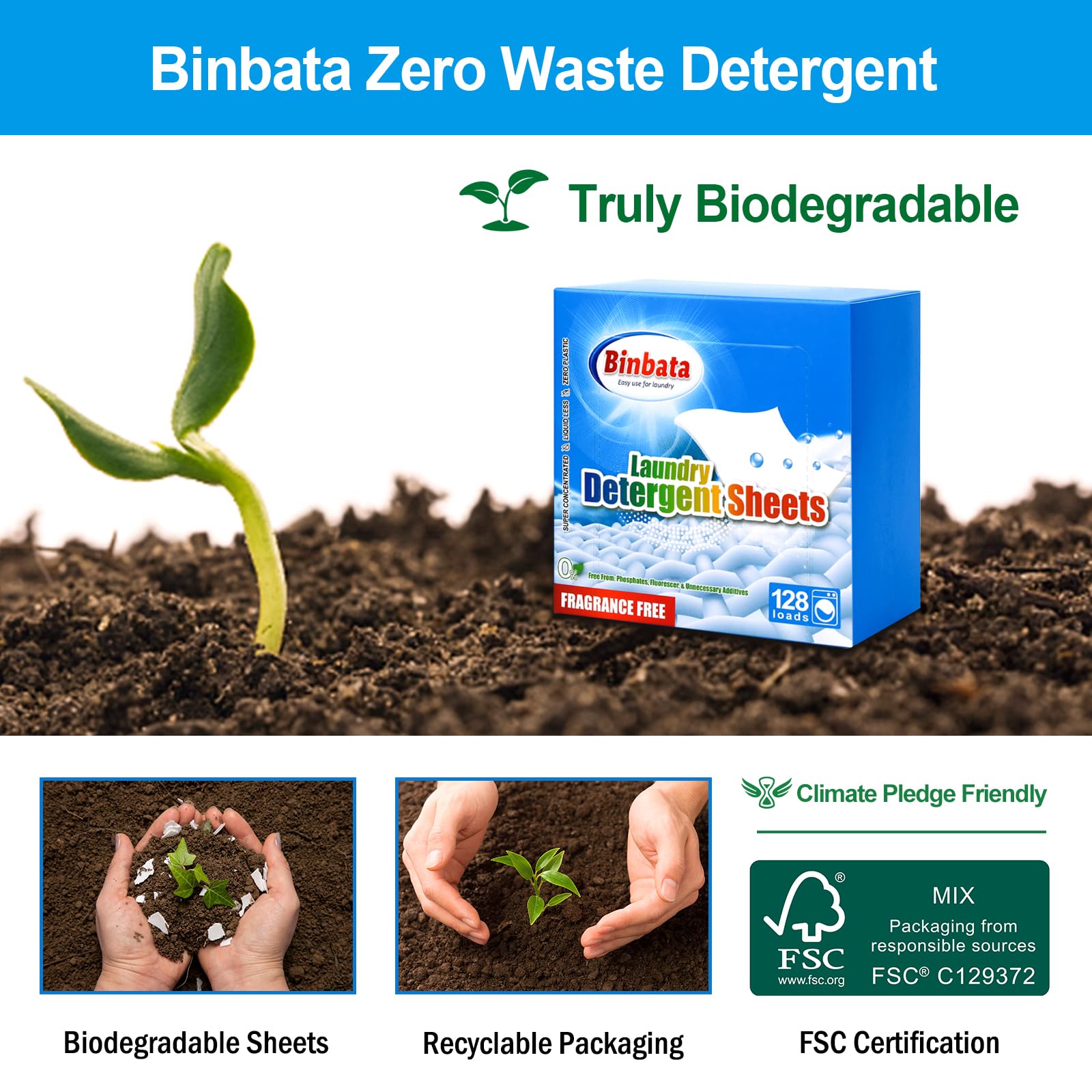 Binbata Laundry Detergent Sheets, Up To 128 Loads Hypoallergenic Eco-Friendly Unscented Biodegradable Plastic Free Liquidless Sheets Suitable
