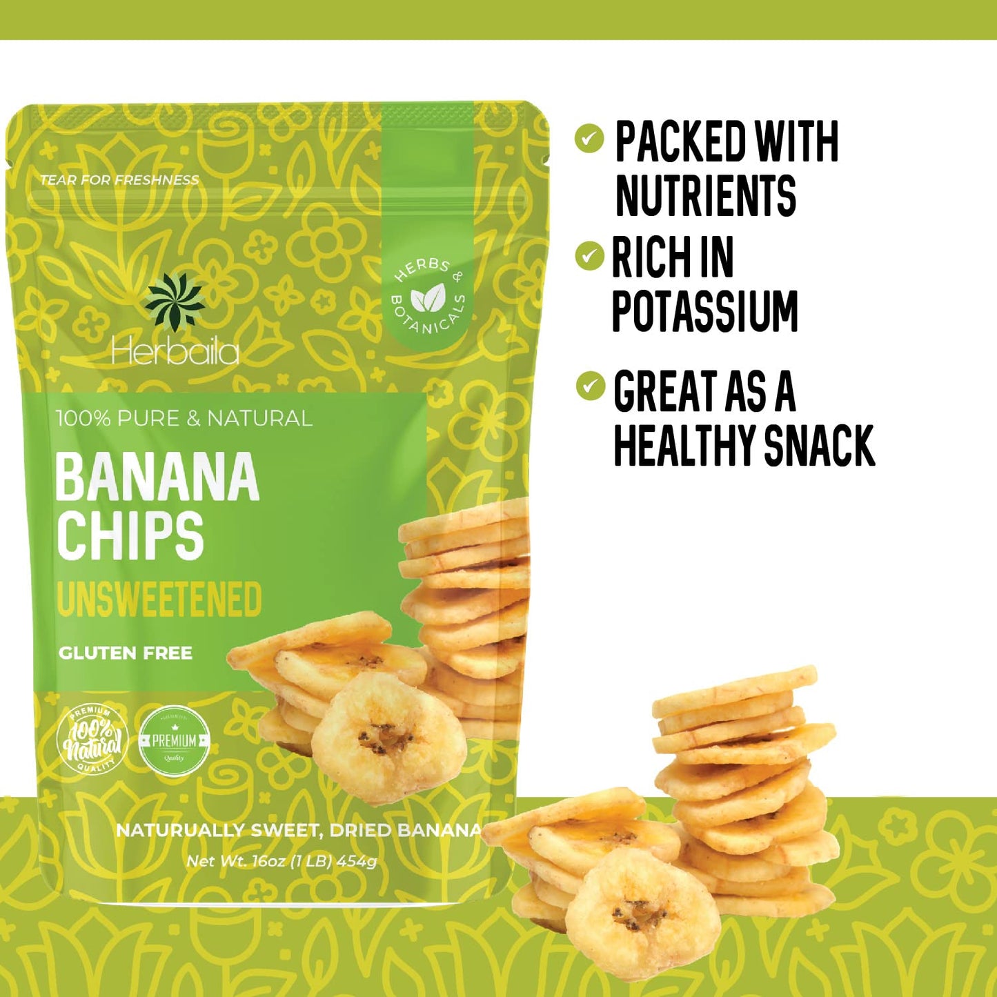 Herbaila Dried Banana Chips Unsweetened Bulk, 1 lb. Dried Bananas, Unsweetened Banana Chips, Dehydrated Bananas, Unsweetened Dried Banana slices