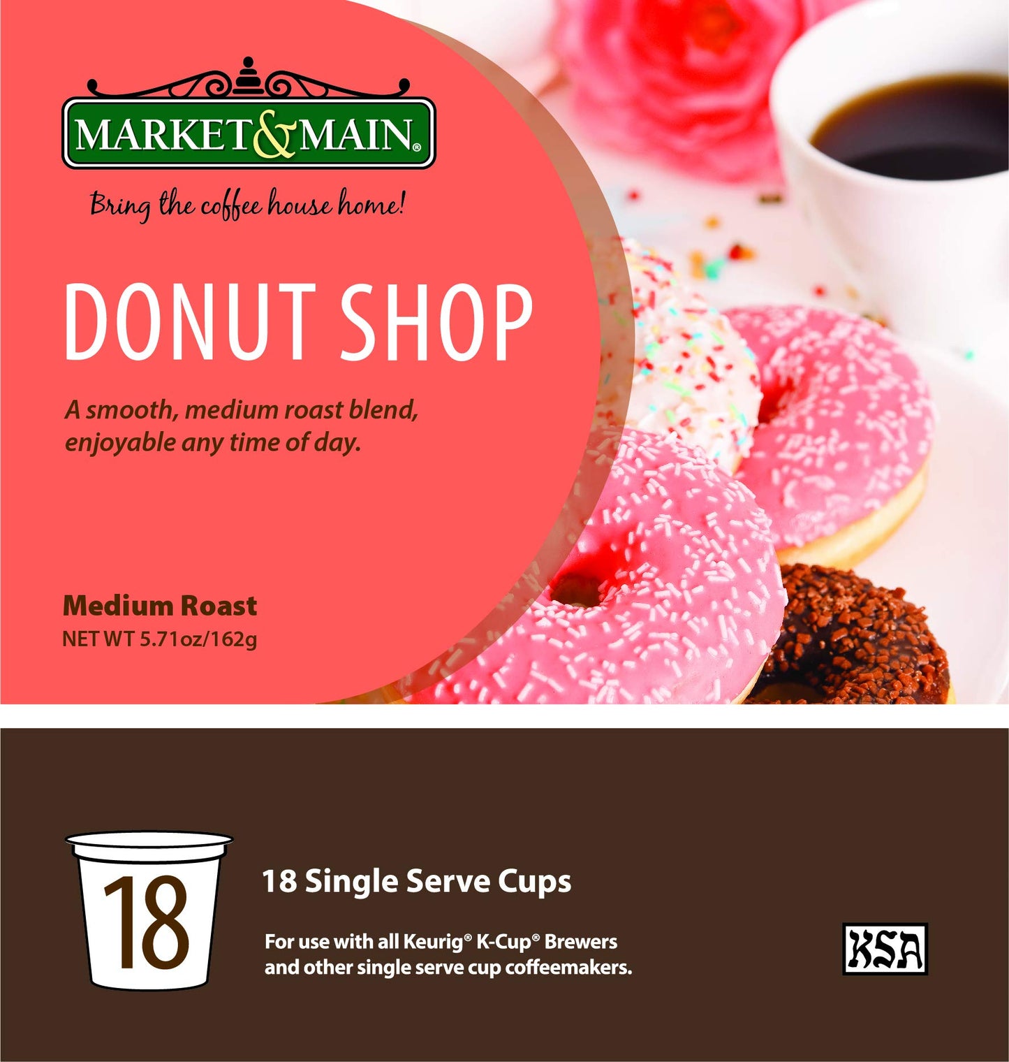 Market & Main OneCup, Donut Shop, Compatible with Keurig K-cup Brewers, 18 Count