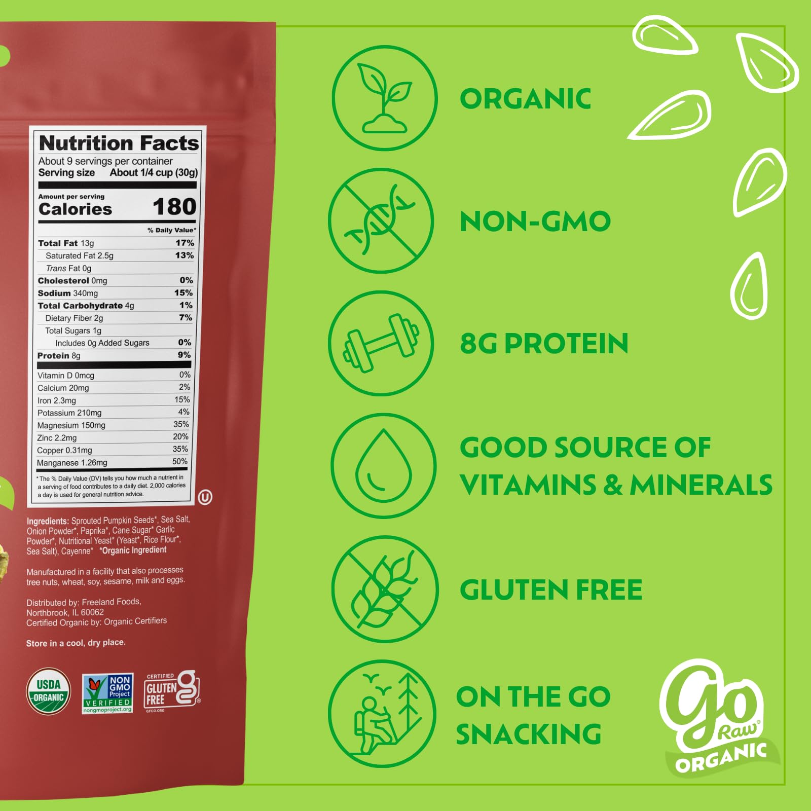 Go Raw Organic Sprouted Pumpkin Seeds - Savory Seasoned Salted Pepitas, Keto, Non-GMO, Vegan, Gluten-Free, Kosher, Paleo, Protein-Packed Superfood