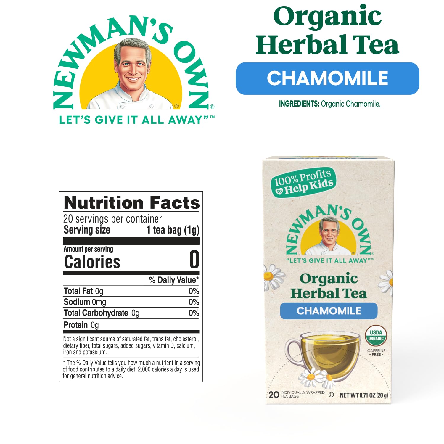 Newman's Own Organics Chamomile Tea Caffeine Free Herbal Tea for, Stomach Ease Tea that May Support Healthy Digestion, Egyptian Chamomile Tea with 20