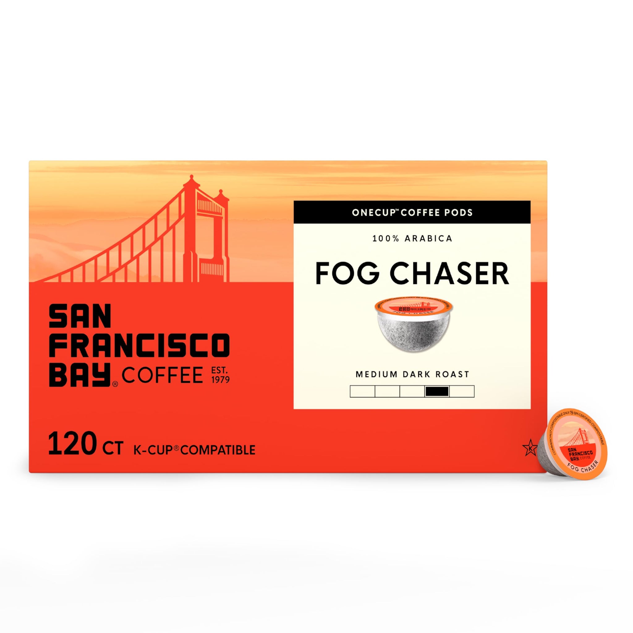 San Francisco Bay Coffee - Medium-Dark Roast - Fog Chaser (120 ct) - Single Serve Coffee Pods, Commercially Compostable, K Cup Compatible