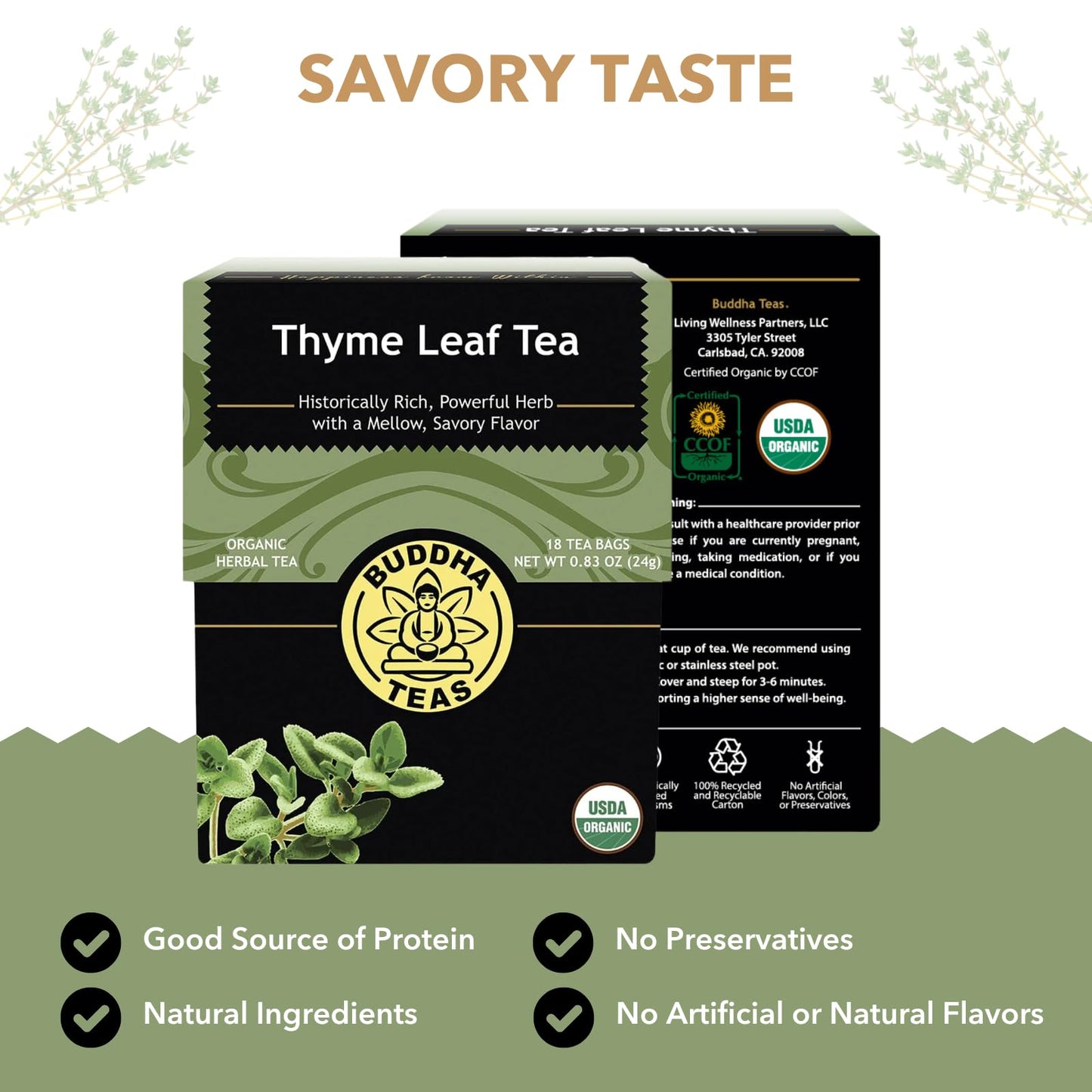 Buddha Teas - Organic Thyme Leaf Tea - Herbal Tea - For Health & Wellbeing - With Antioxidants & Minerals - Clean Ingredients - Caffeine Free - OU