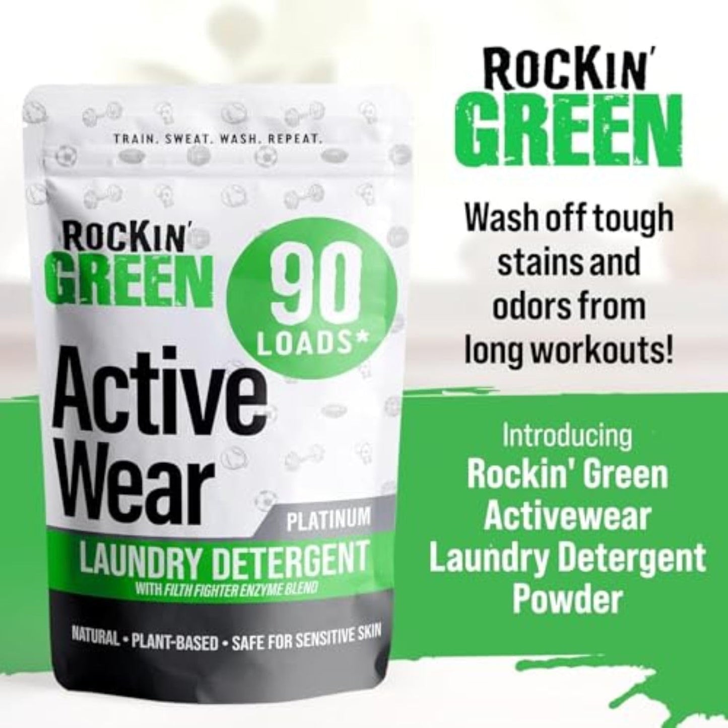 Rockin’ Green Active Wear Laundry Detergent - Unscented Laundry Detergent Powder & Odor Eliminator - Workout Clothes & Sportswear - Safe for Sensitive