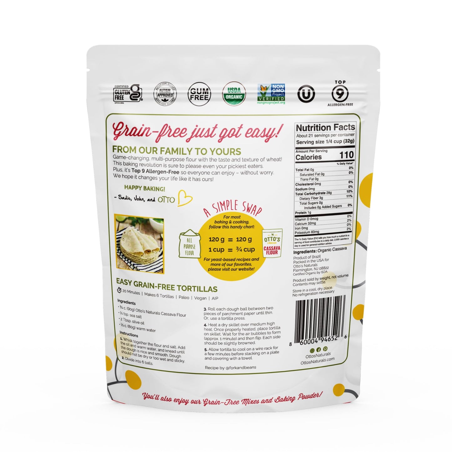 Otto's Naturals Organic Multi-Purpose Cassava Flour, Gluten-Free, Grain, Nut and Gum-Free, 1-to-1 Wheat Alternative, Paleo, AIP, 1.5 lb
