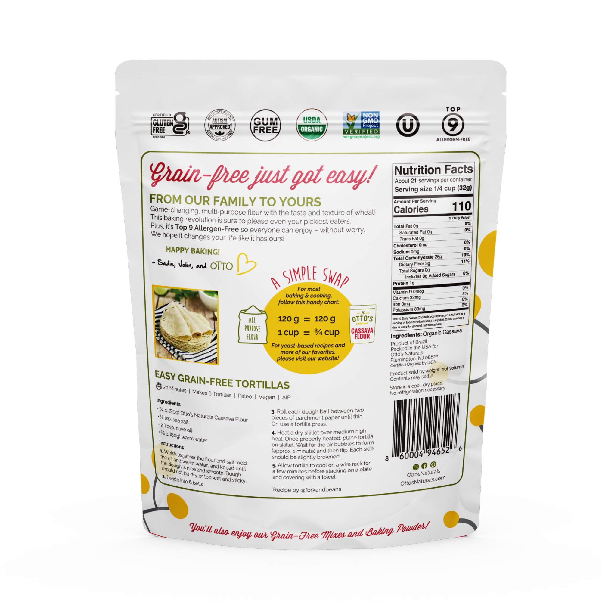 Otto's Naturals Organic Multi-Purpose Cassava Flour, Gluten-Free, Grain, Nut and Gum-Free, 1-to-1 Wheat Alternative, Paleo, AIP, 1.5 lb