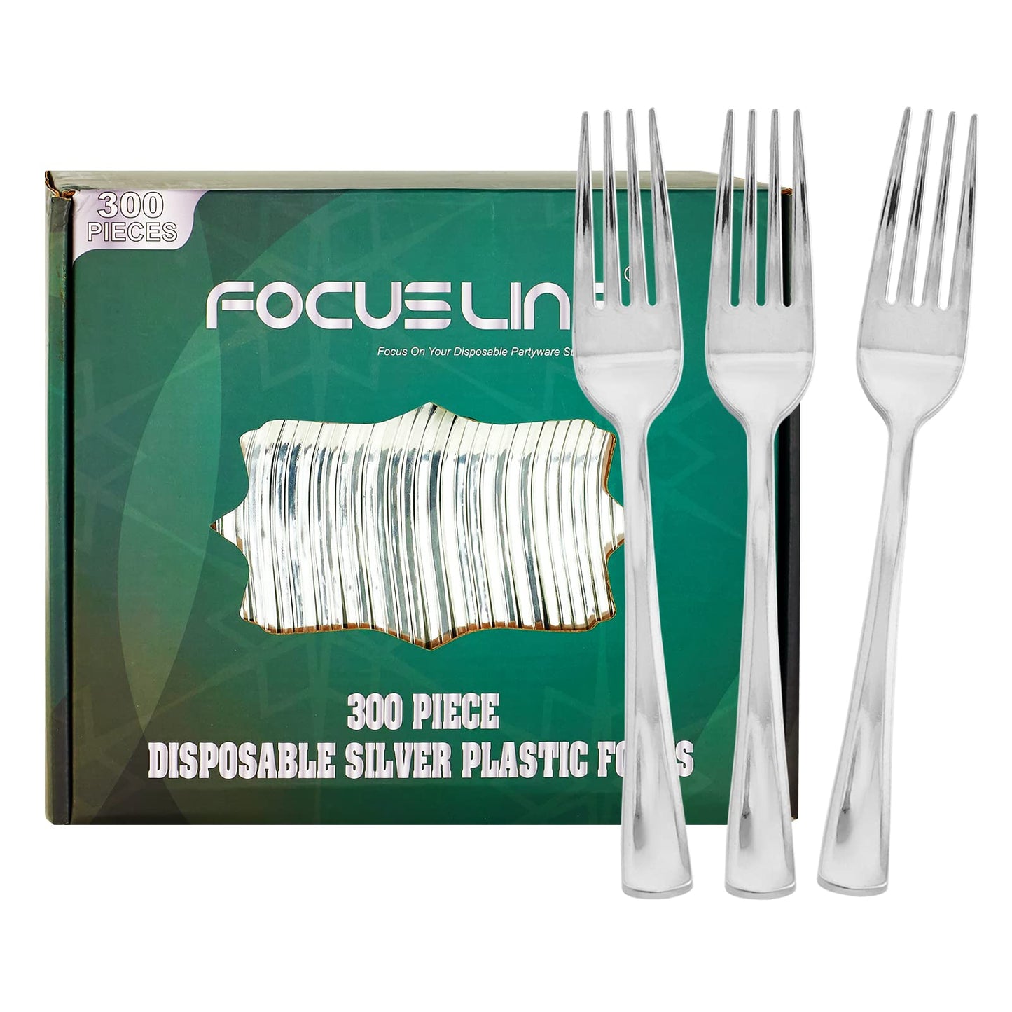 FOCUSLINE 300 Pack Disposable Silver Plastic Forks, Solid and Durable Plastic Cutlery Forks, Heavy Duty Disposable Utensil Silverware for Catering