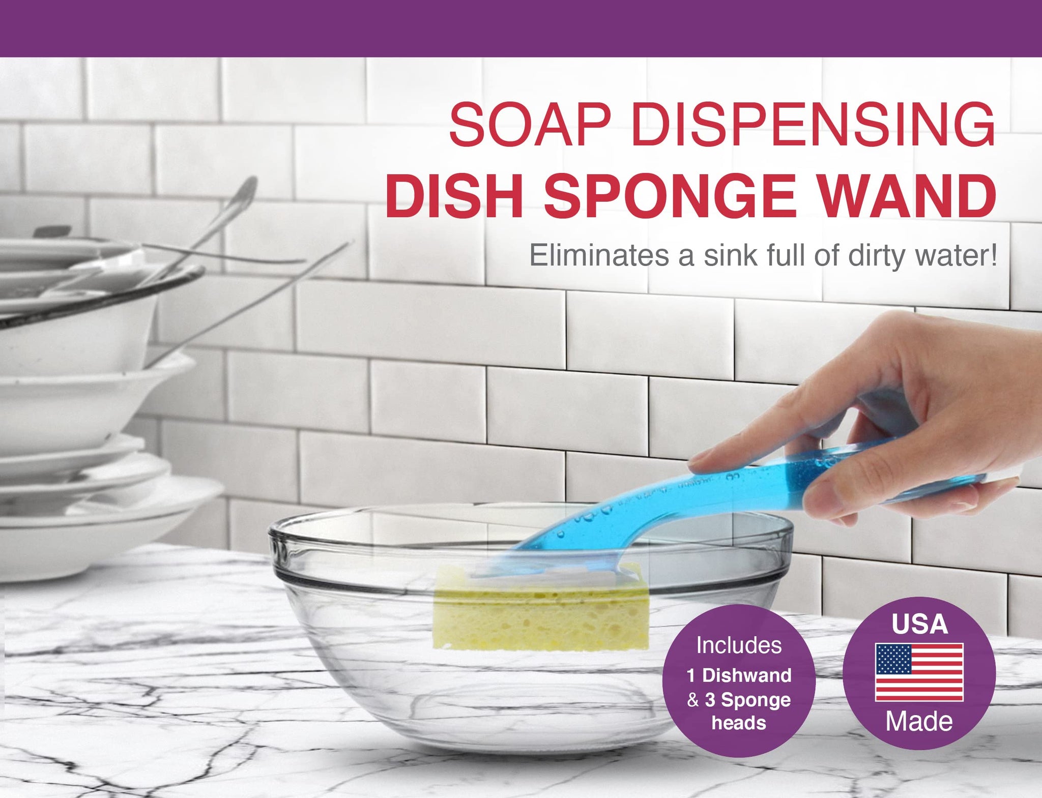 Arrow Dish Sponge w/ Soap Dispenser Handle & 2 Refill Sponges - Fillable Dish Wand for Quick, Convenient Cleaning - Easy to Refill - Built-In Scrubber