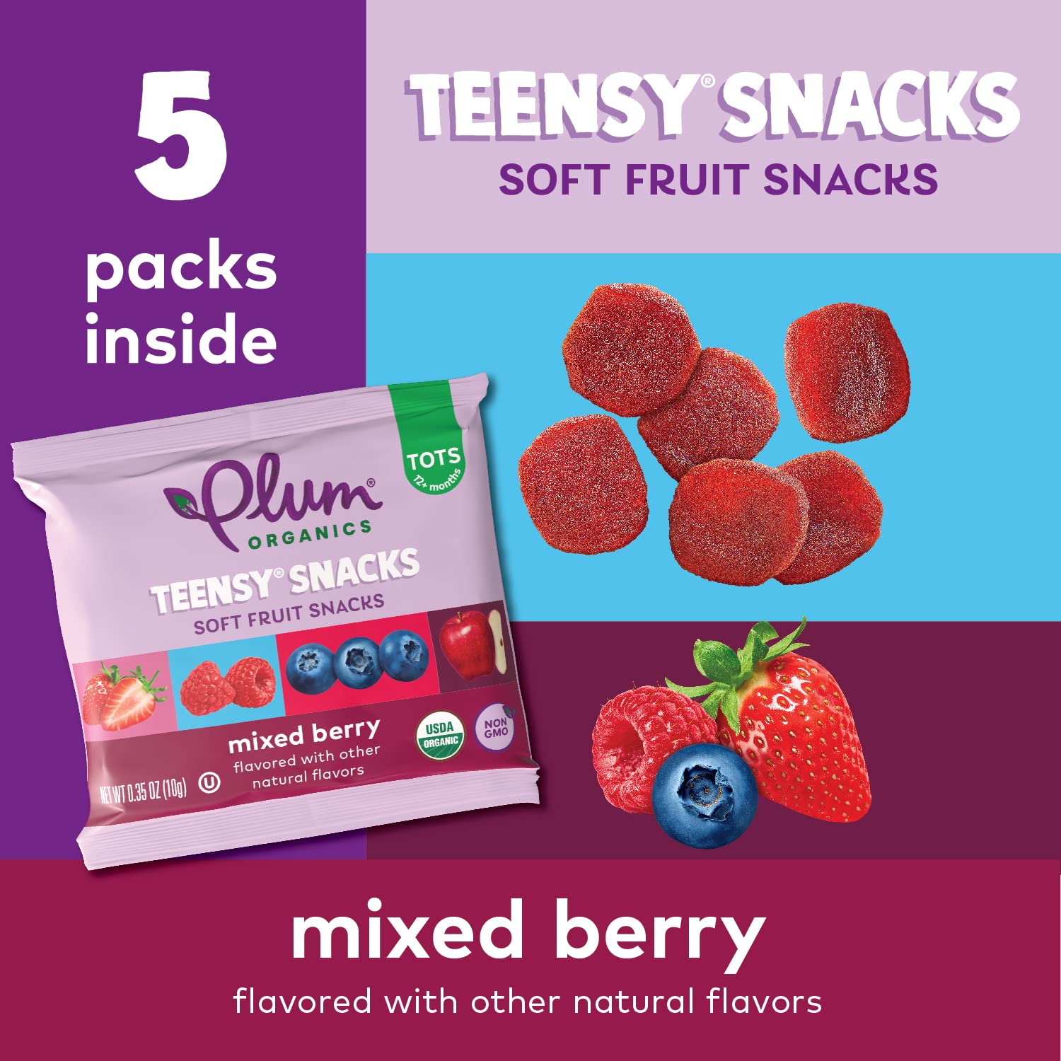 Plum Organics Teensy Snacks Soft Fruit Snacks - Mixed Berry - 0.35 oz Bags (Pack of 5) - Organic Toddler Food Fruit Snacks