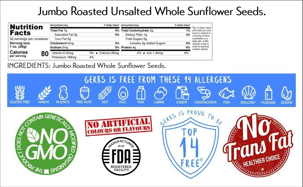 Jumbo Unsalted Sunflower Seeds In Shell by Gerbs - 2 LBS - Top 14 Food Allergen Free & NON GMO - Premium Dry Roasted Whole Sunflower Seed