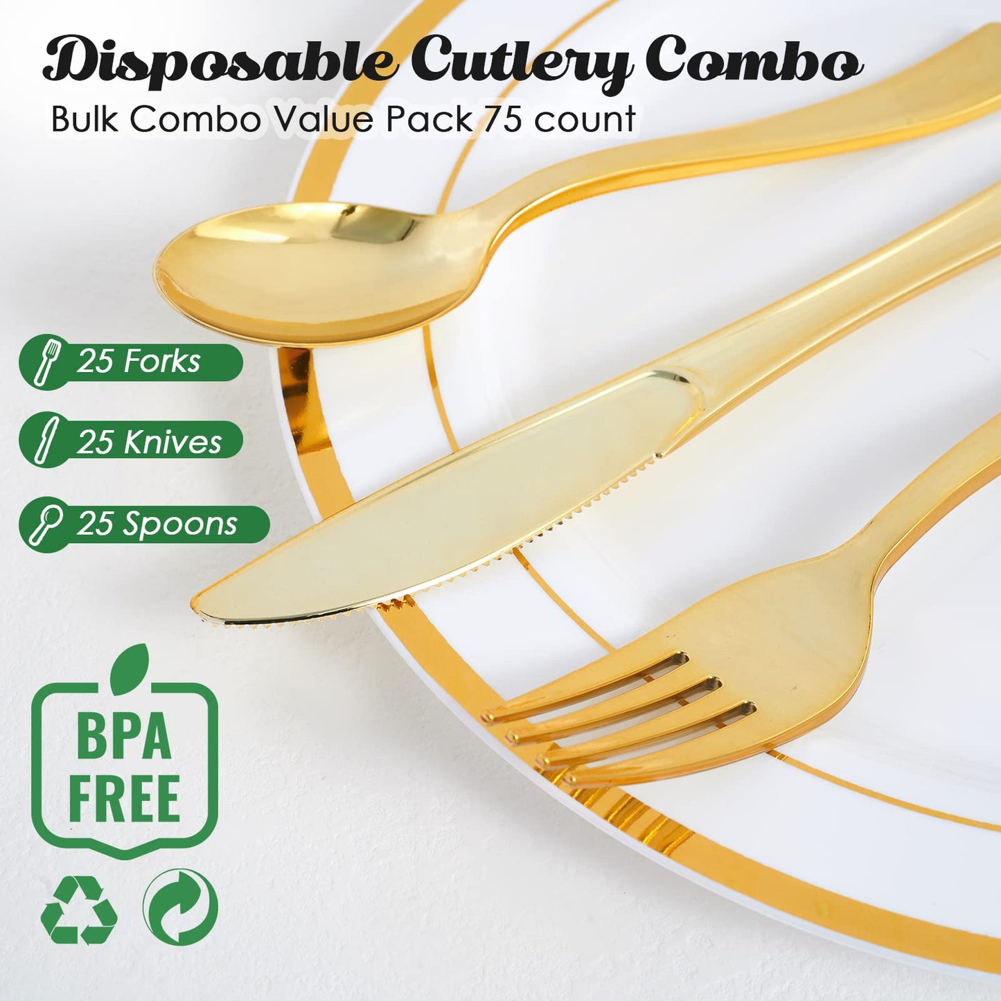 FOCUSLINE 75 Pack Gold Plastic Silverware Disposable Cutlery Set - 25 Forks Knives Spoons - Disposable Flatware Heavy Duty Plastic Utensils Set